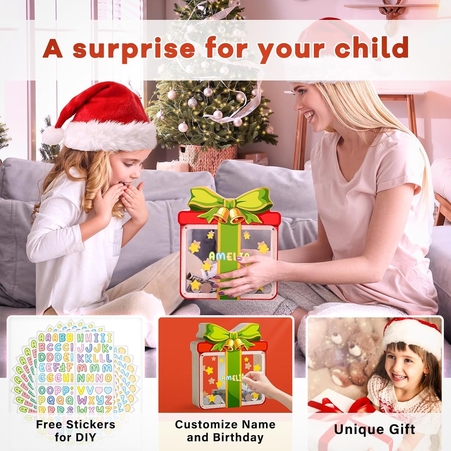 Wooden Christmas Piggy Bank for Kids, Gift Box Piggy Bank with Acrylic Panels