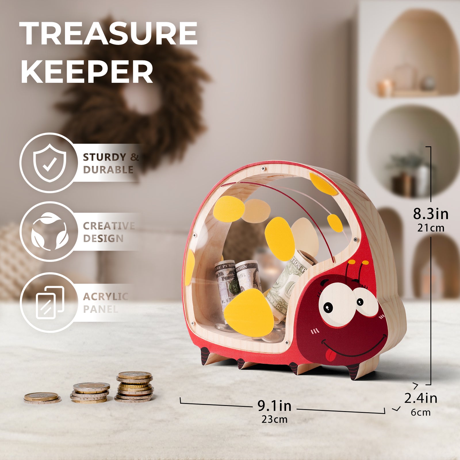 Wooden Ladybug Piggy Bank - Adorable & Educational Money Box for Kids