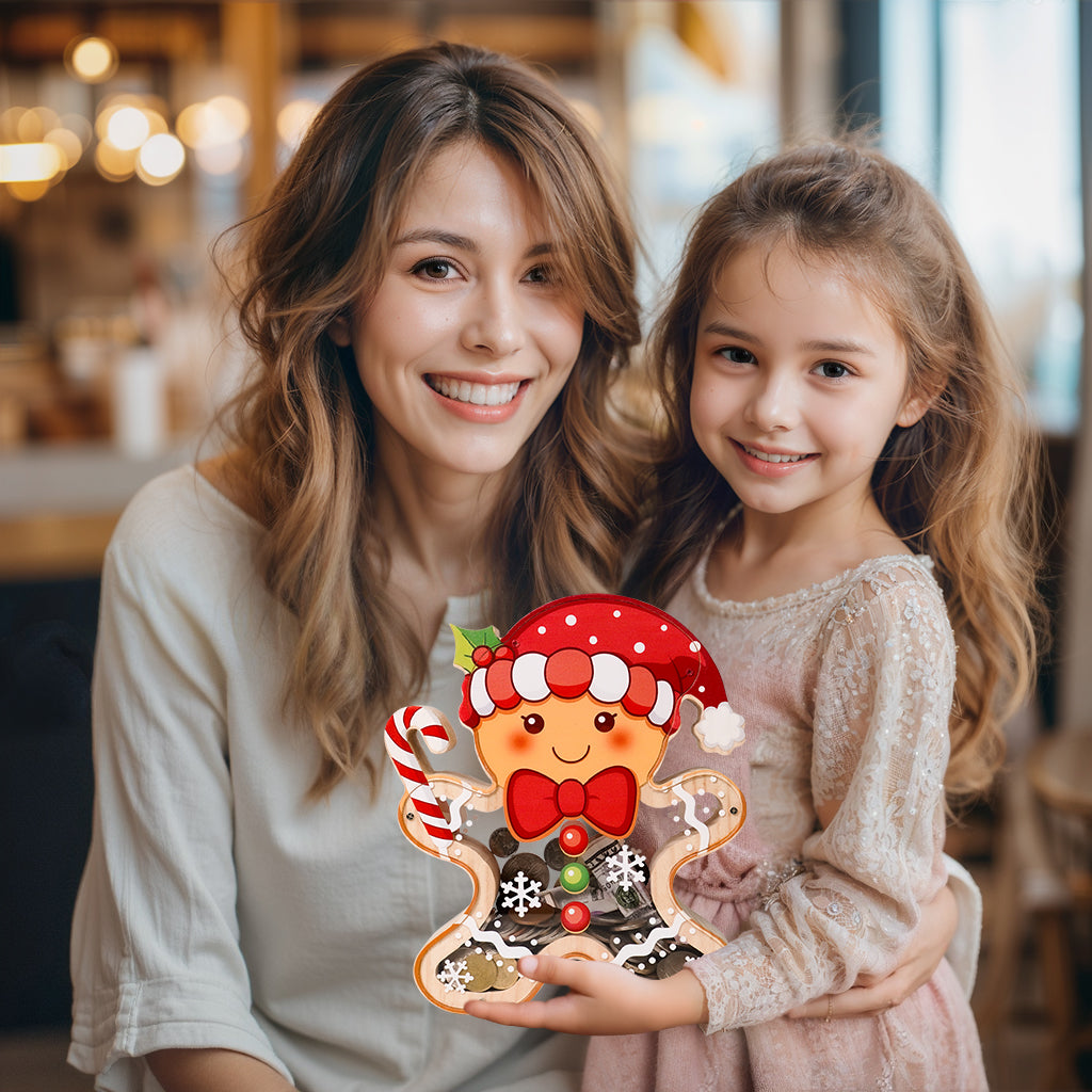 Wooden Christmas Piggy Bank for Kids, Gingerbread Man Money Bank