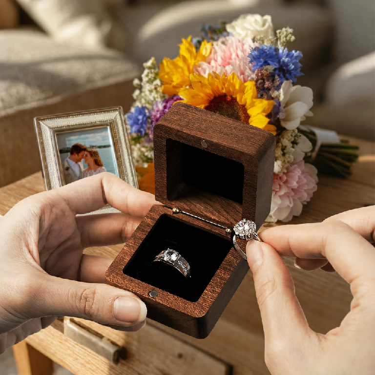 Classic Square Wooden Ring Box – Elegant Jewelry Gift Box for Engagement, Wedding & Proposal Storage