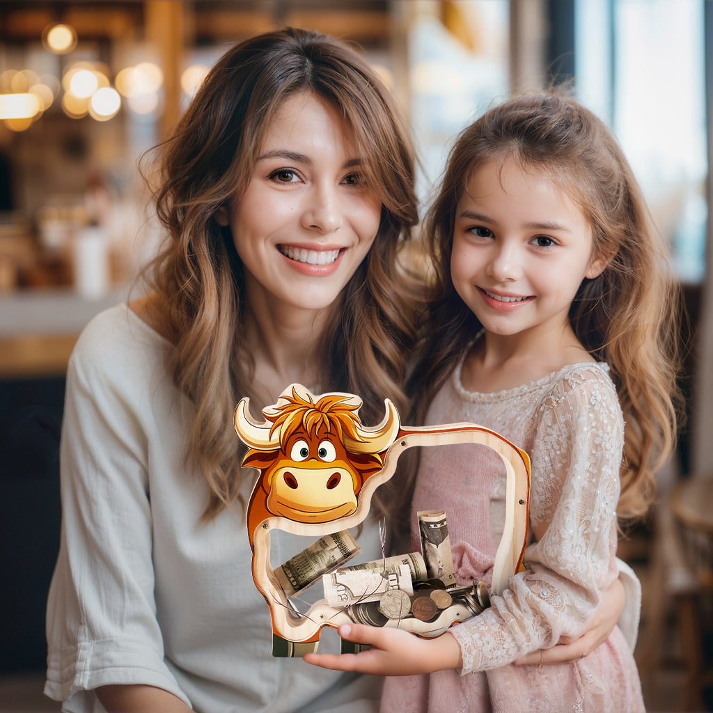 Wooden Cow Piggy Bank - Adorable Barnyard Money Keeper with Transparent Panels