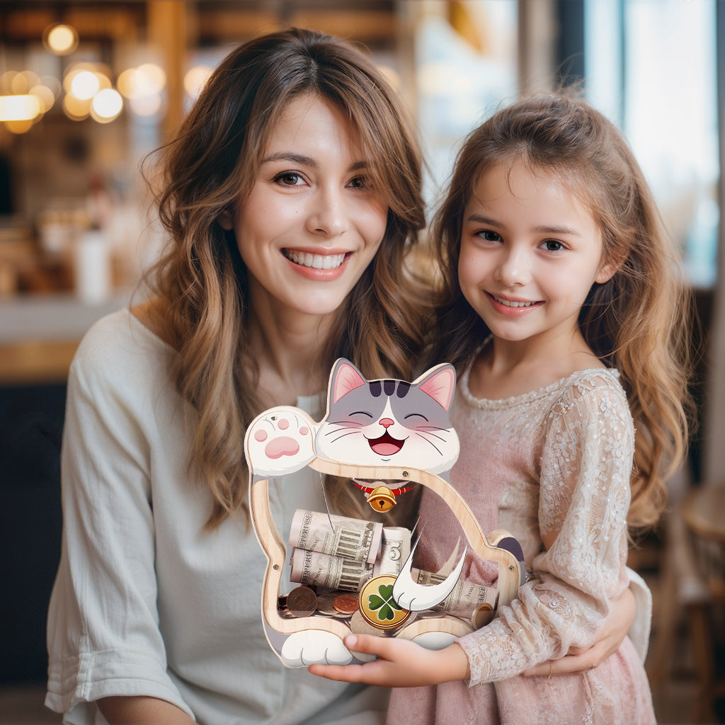 Cat Piggy Bank - Adorable Dual-View Money Box with Personalization Stickers