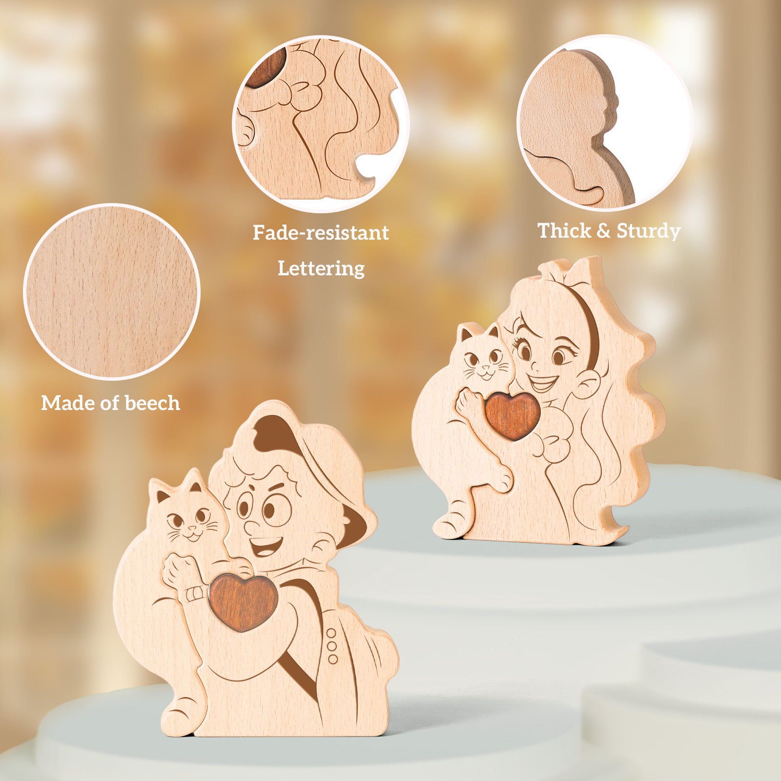 Wooden puzzle of boys/girls and cats, home craft decoration, warm gift