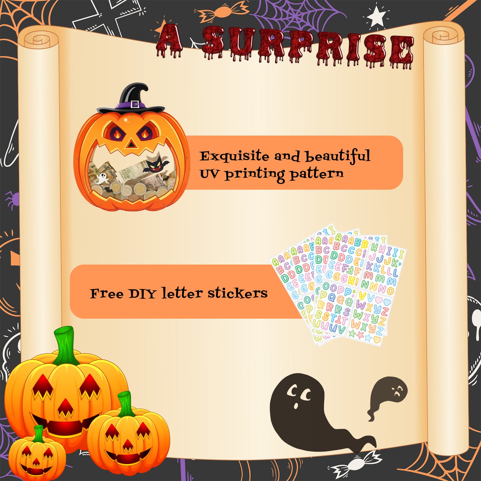 Halloween Pumpkin Transparent Coin Bank – Cute Jack-o'-Lantern Money Saver for Kids & Holiday Decor