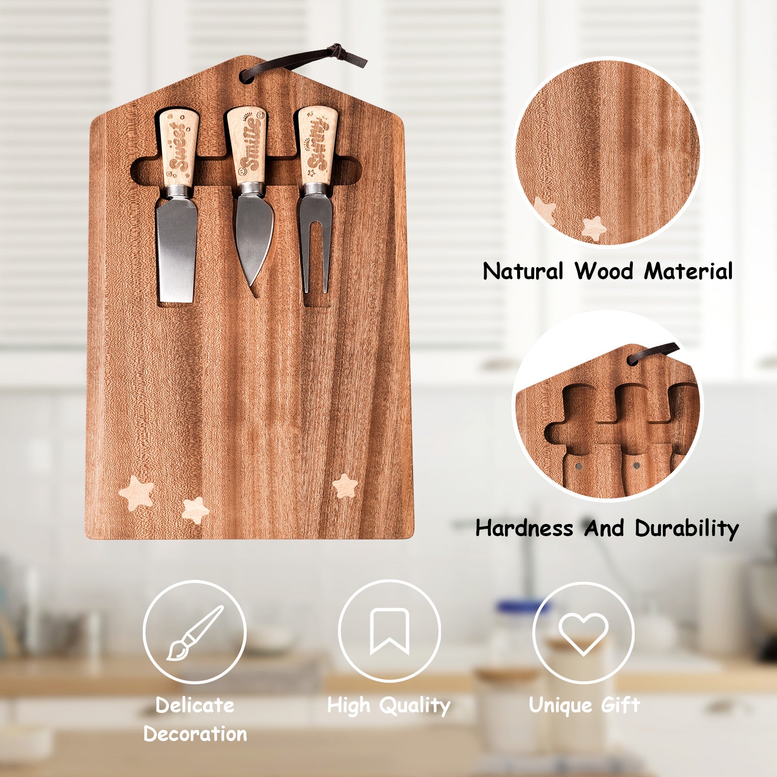 Wooden Cheese Knife Set with Starry Cutting Board – Perfect Gift for Kids & Families