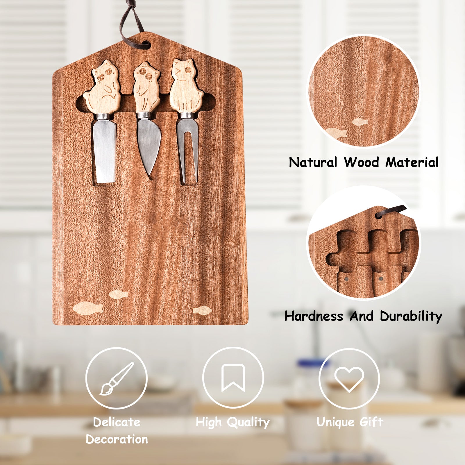 Wooden Cat-Themed Cheese Knife Set – Adorable Cat Design on Cutting Board – Perfect Gift for Cat Lovers