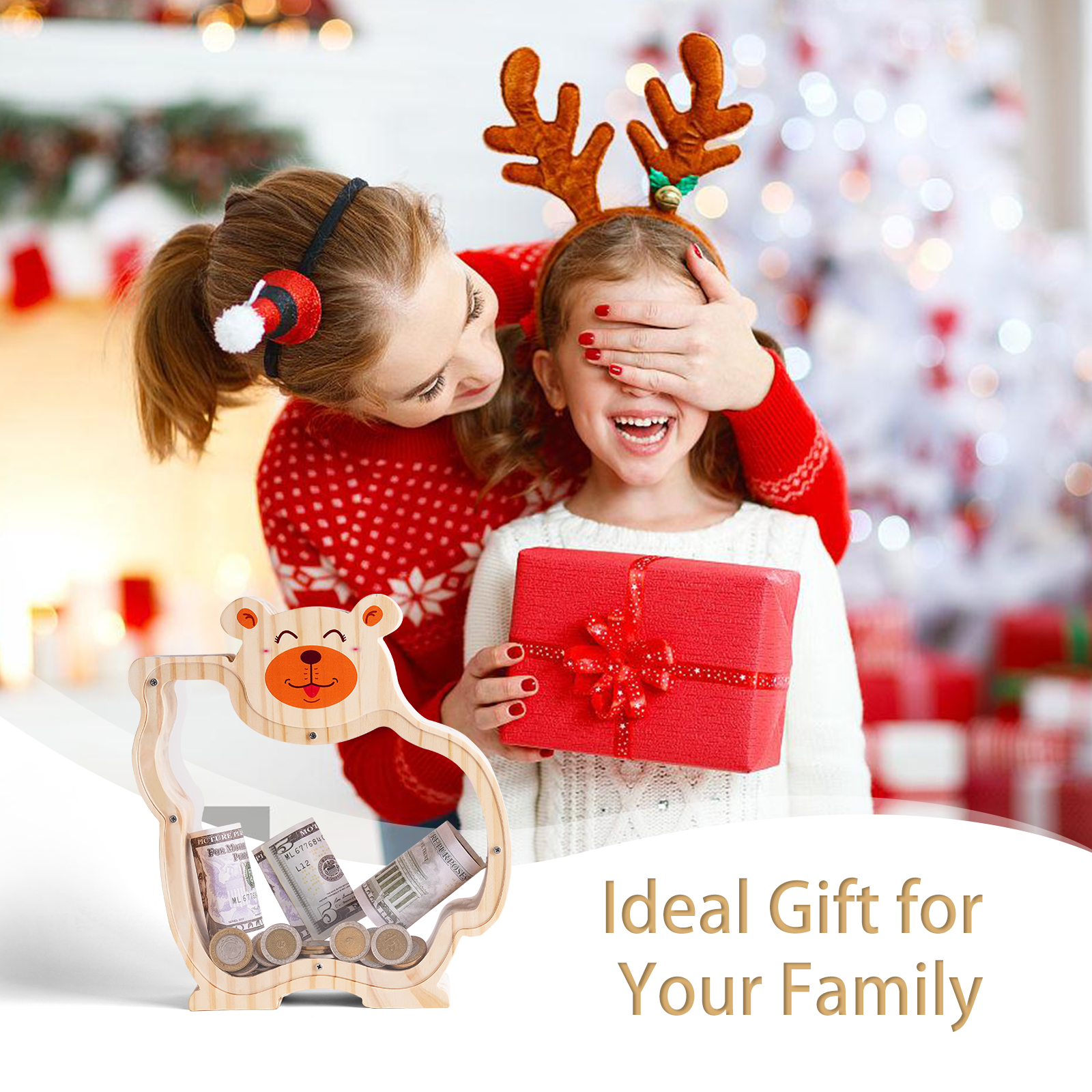 Wooden Bear Coin Bank - Adorable Animal-Shaped Money Box with Transparent Panel