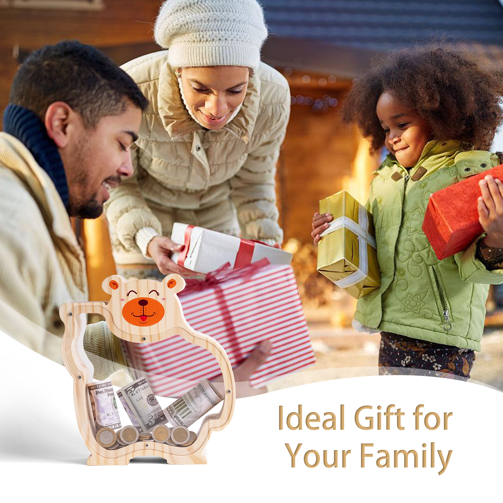 Wooden Bear Coin Bank - Adorable Animal-Shaped Money Box with Transparent Panel