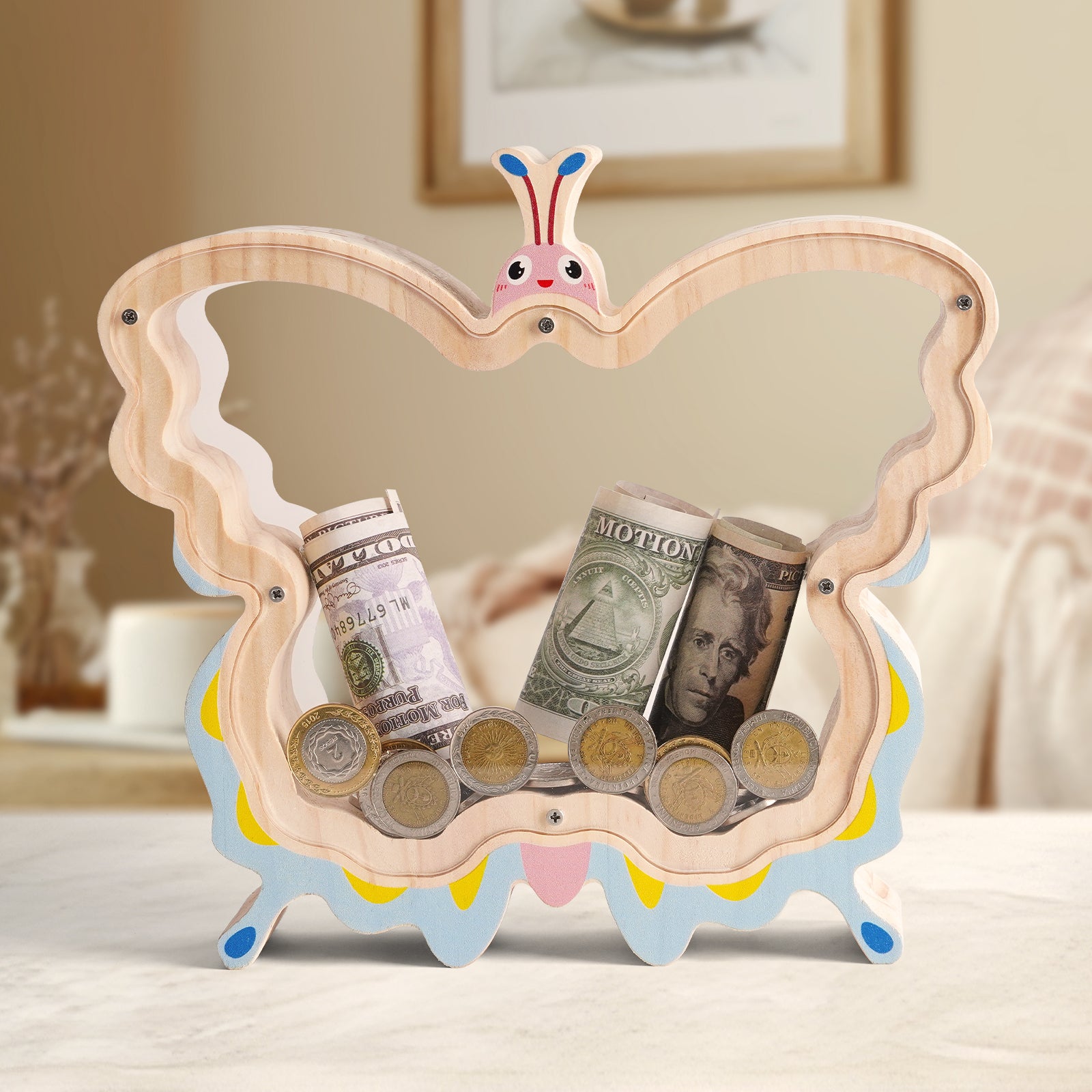 Butterfly Wooden Piggy Bank – Transparent Coin Bank for Kids, Girls & Toddlers | Personalized Gift for Baby Showers, Birthdays & Nursery Decor