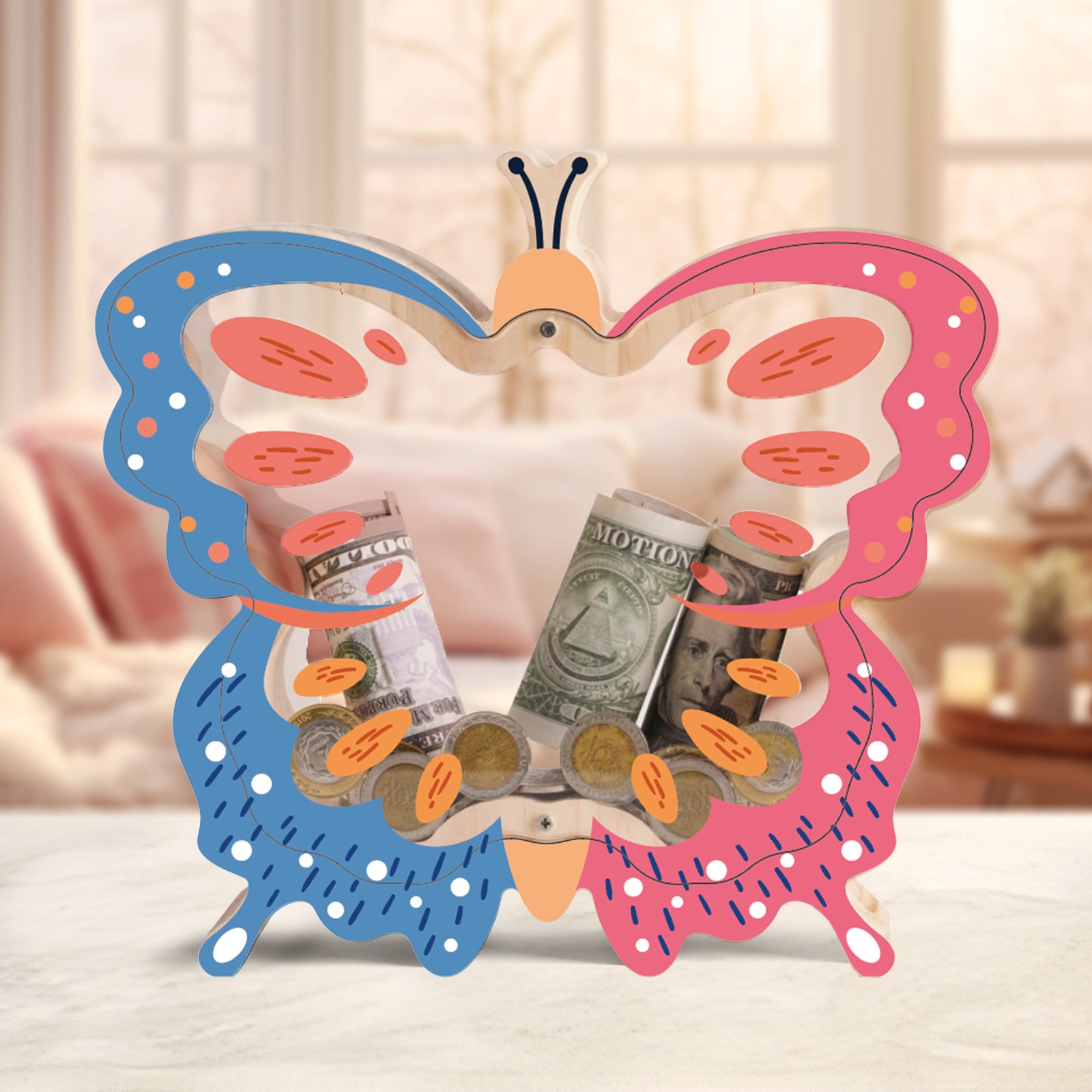 Butterfly Transparent Wooden Coin Bank – Double-Sided Acrylic Design, Whimsical Gift for Kids & Families