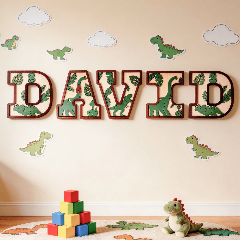 Personalized 3D Layered Dinosaur Wooden Name Sign | Custom Kids Nursery Decor & Baby Shower Gift