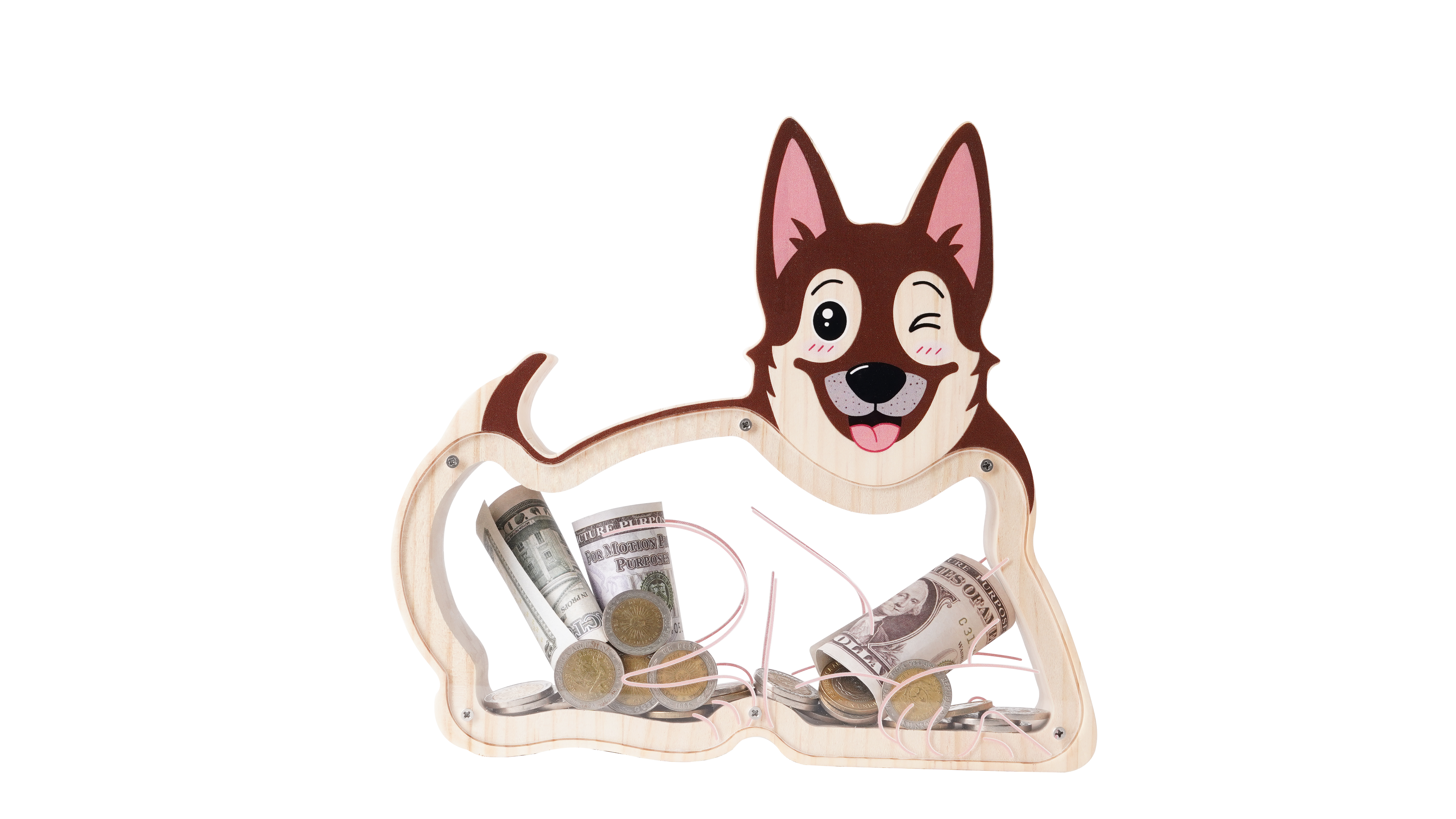 Wooden Dog Piggy Bank - Spotted Savings Fun with Personalization Stickers