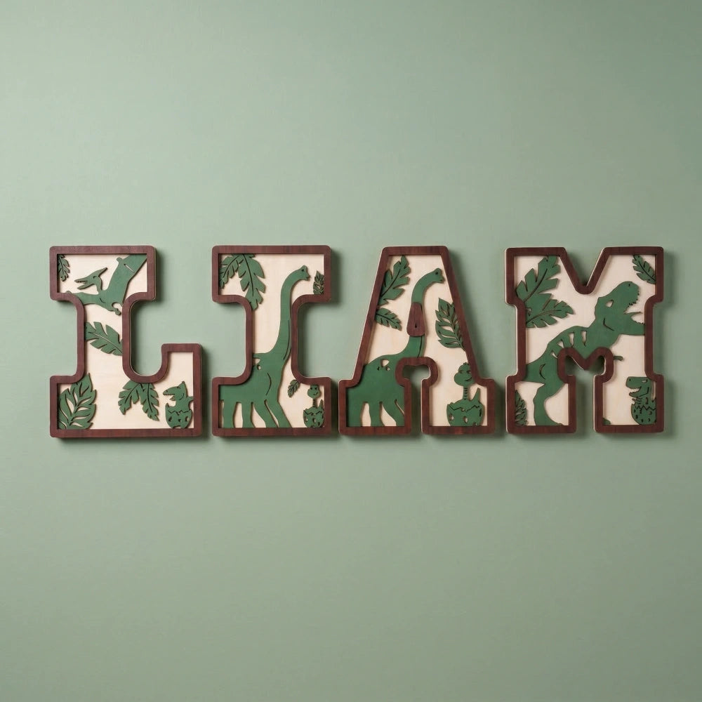 Personalized 3D Layered Dinosaur Wooden Name Sign | Custom Kids Nursery Decor & Baby Shower Gift