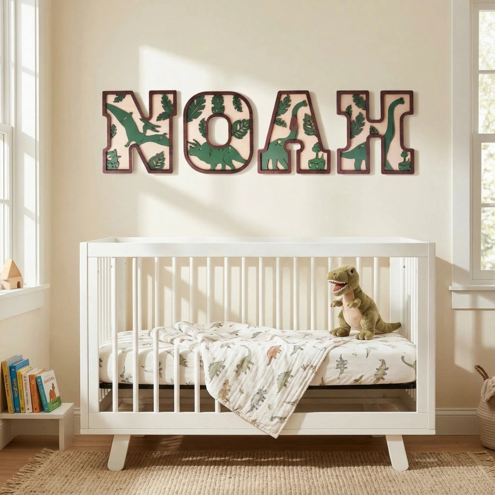 Personalized 3D Layered Dinosaur Wooden Name Sign | Custom Kids Nursery Decor & Baby Shower Gift