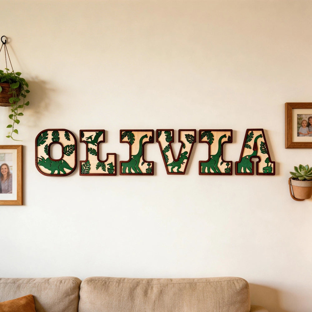 Personalized 3D Layered Dinosaur Wooden Name Sign | Custom Kids Nursery Decor & Baby Shower Gift