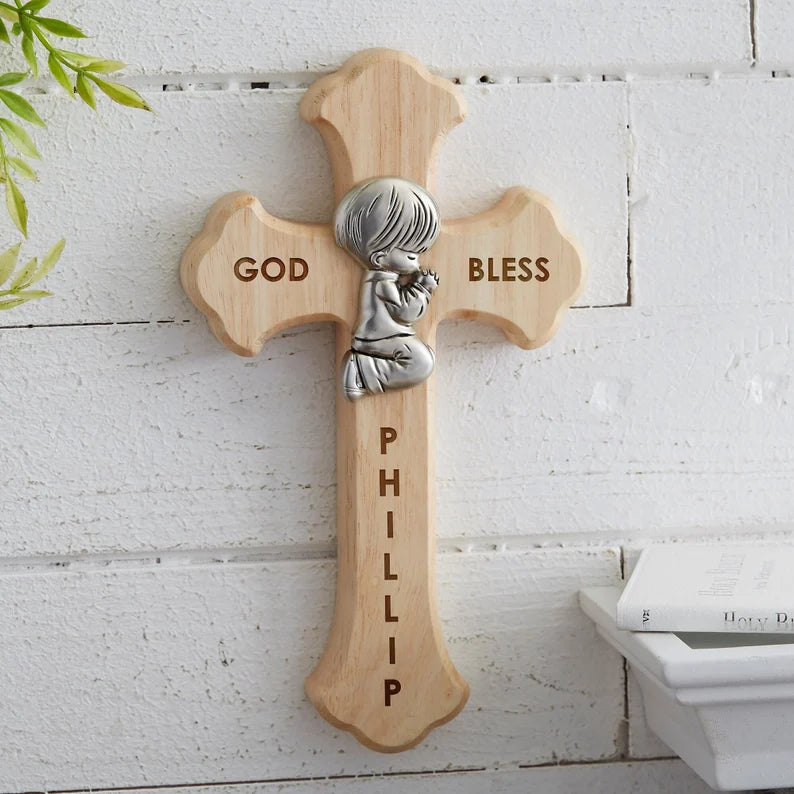 Prayerful Child Personalized Wood Cross | Custom Easter & Baptism Keepsake