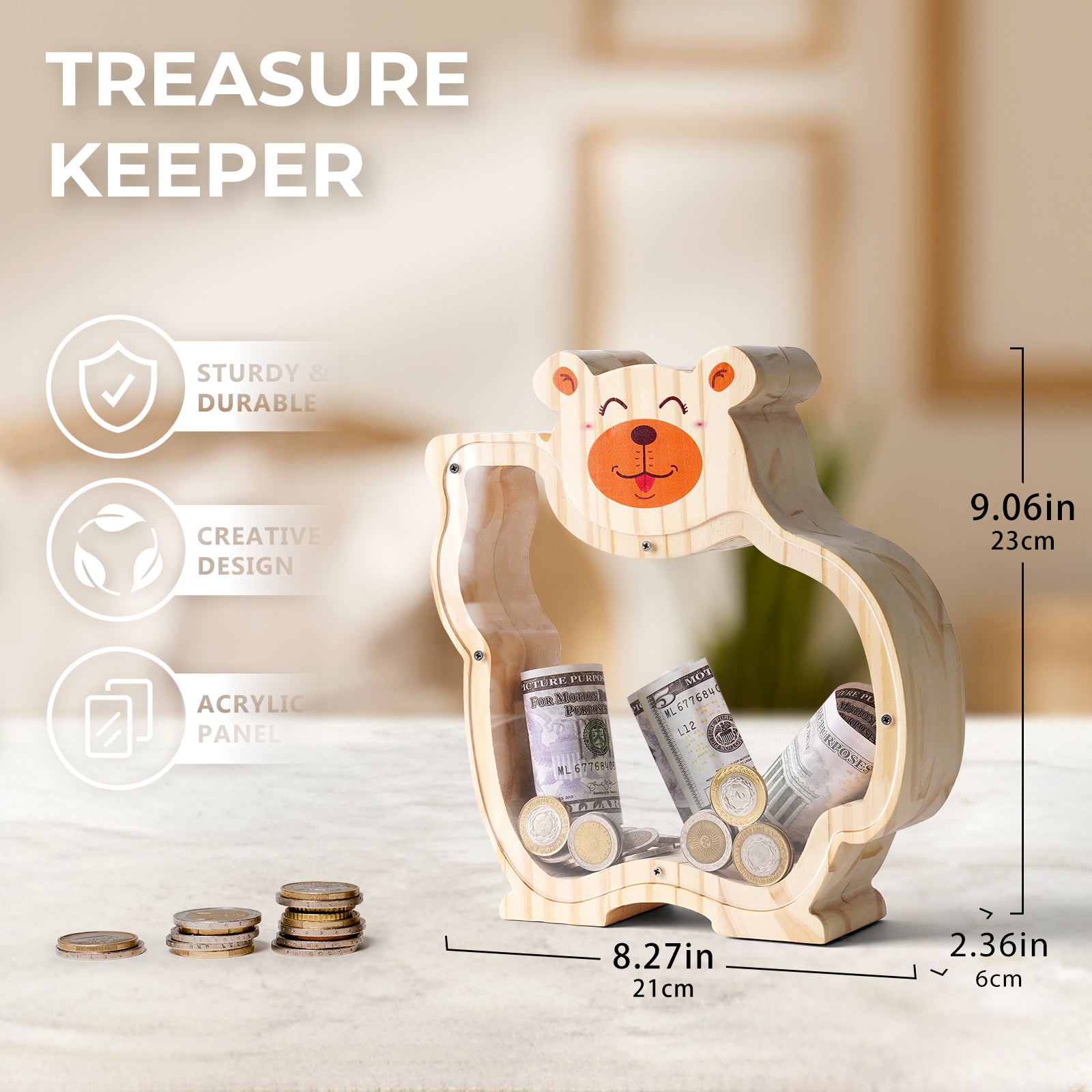 Wooden Bear Coin Bank - Adorable Animal-Shaped Money Box with Transparent Panel