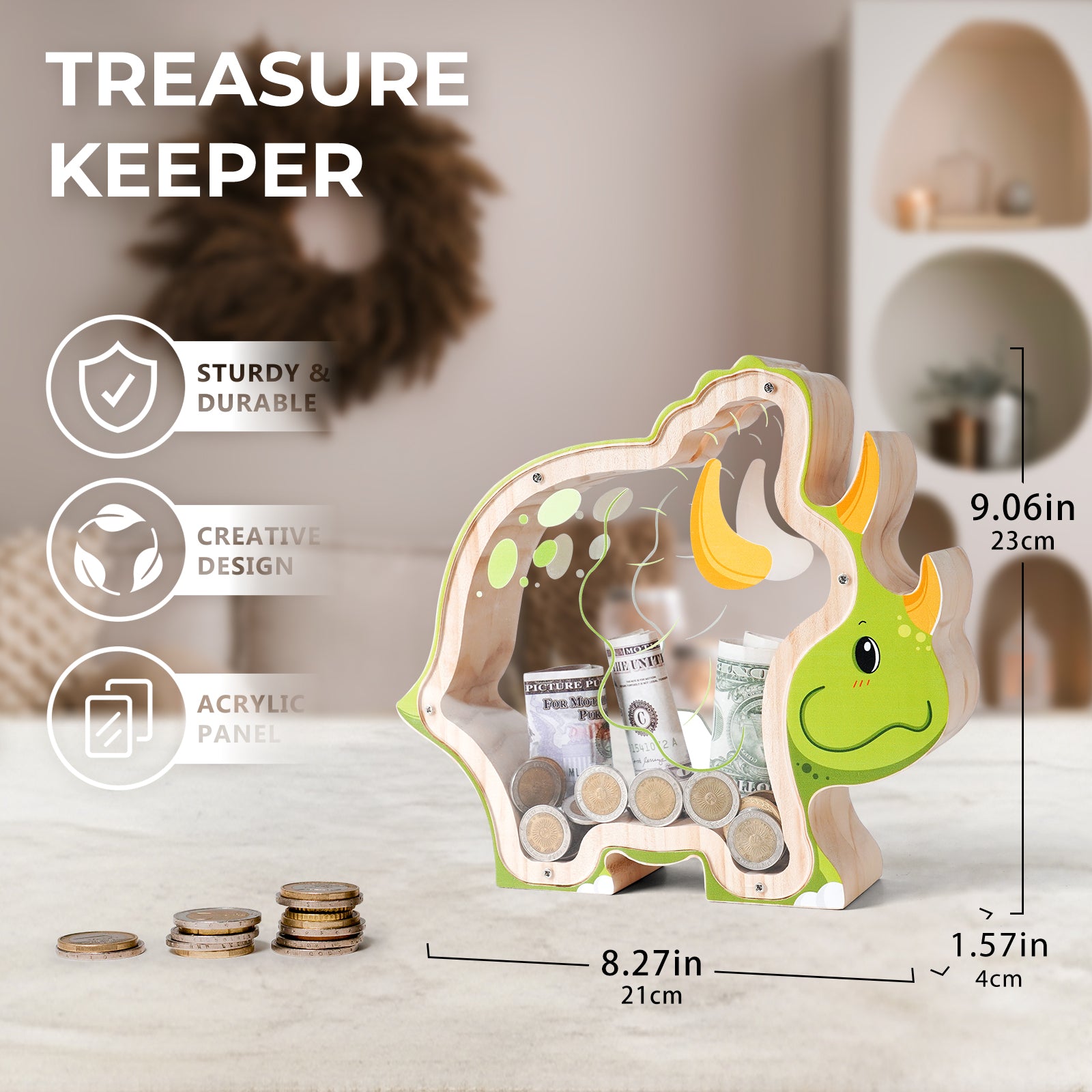 Triceratops Coin Bank: Fun, Hand-Painted, Kids' Room Decor & Gift