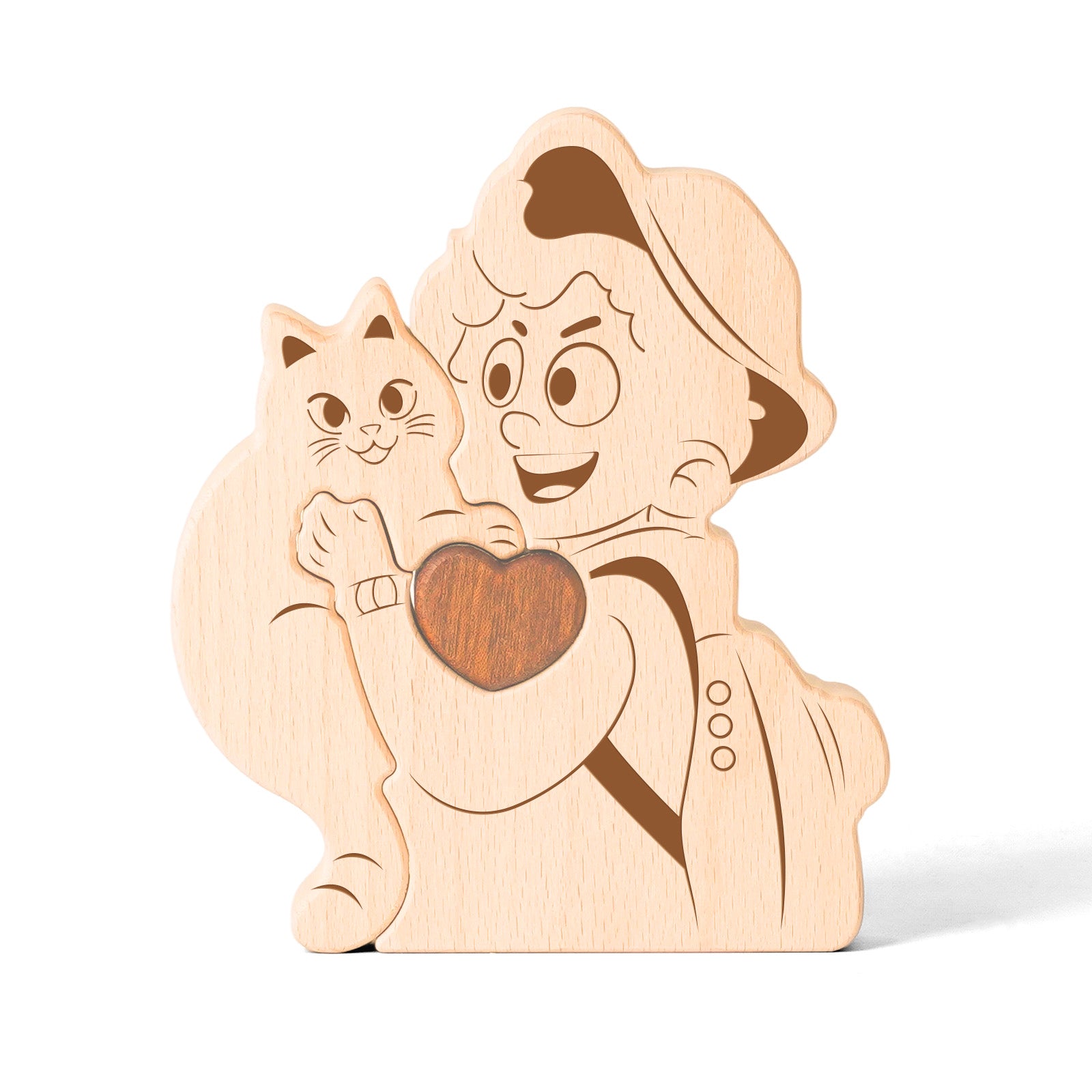 Wooden puzzle of boys/girls and cats, home craft decoration, warm gift