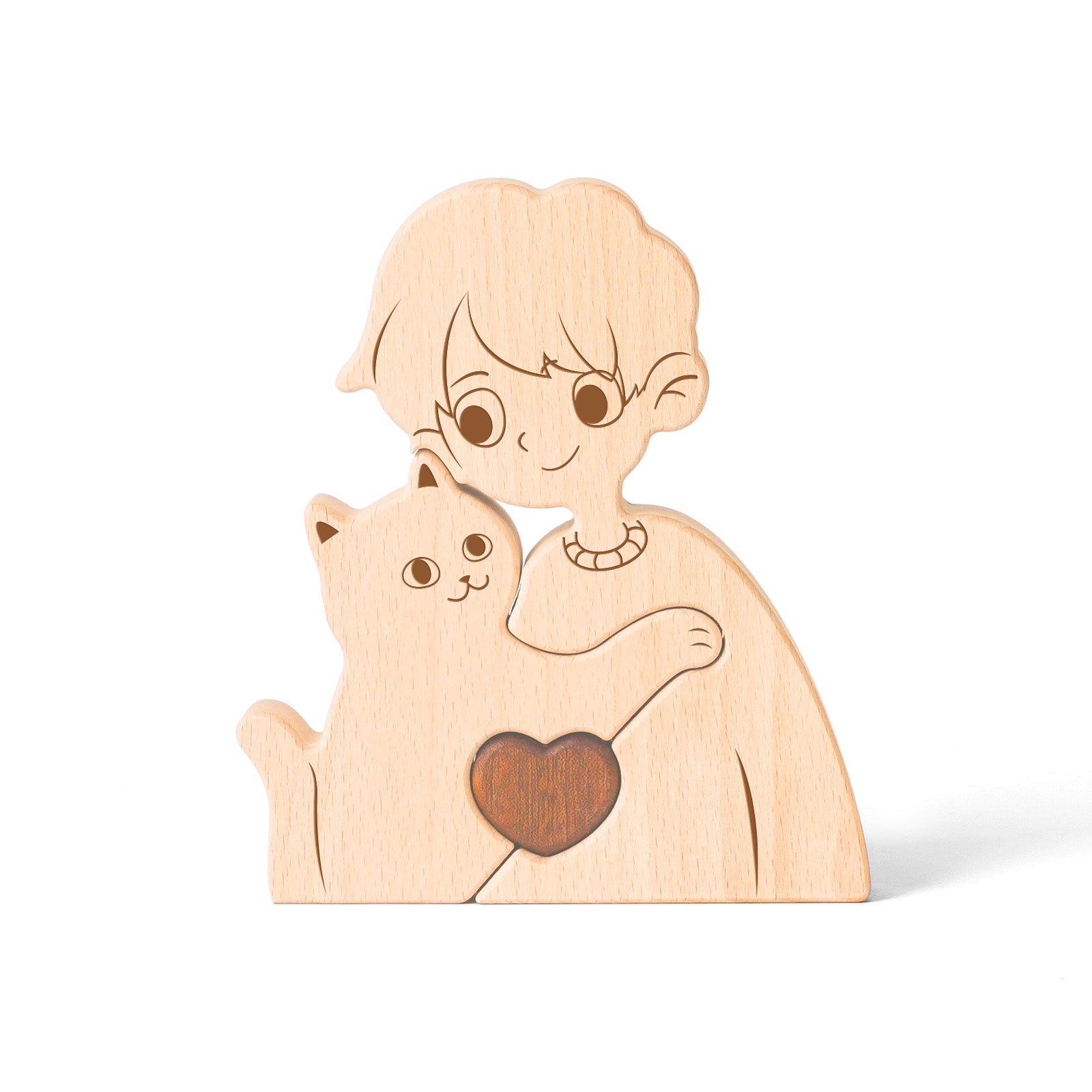 Wooden puzzle of boys/girls and cats, home craft decoration, warm gift