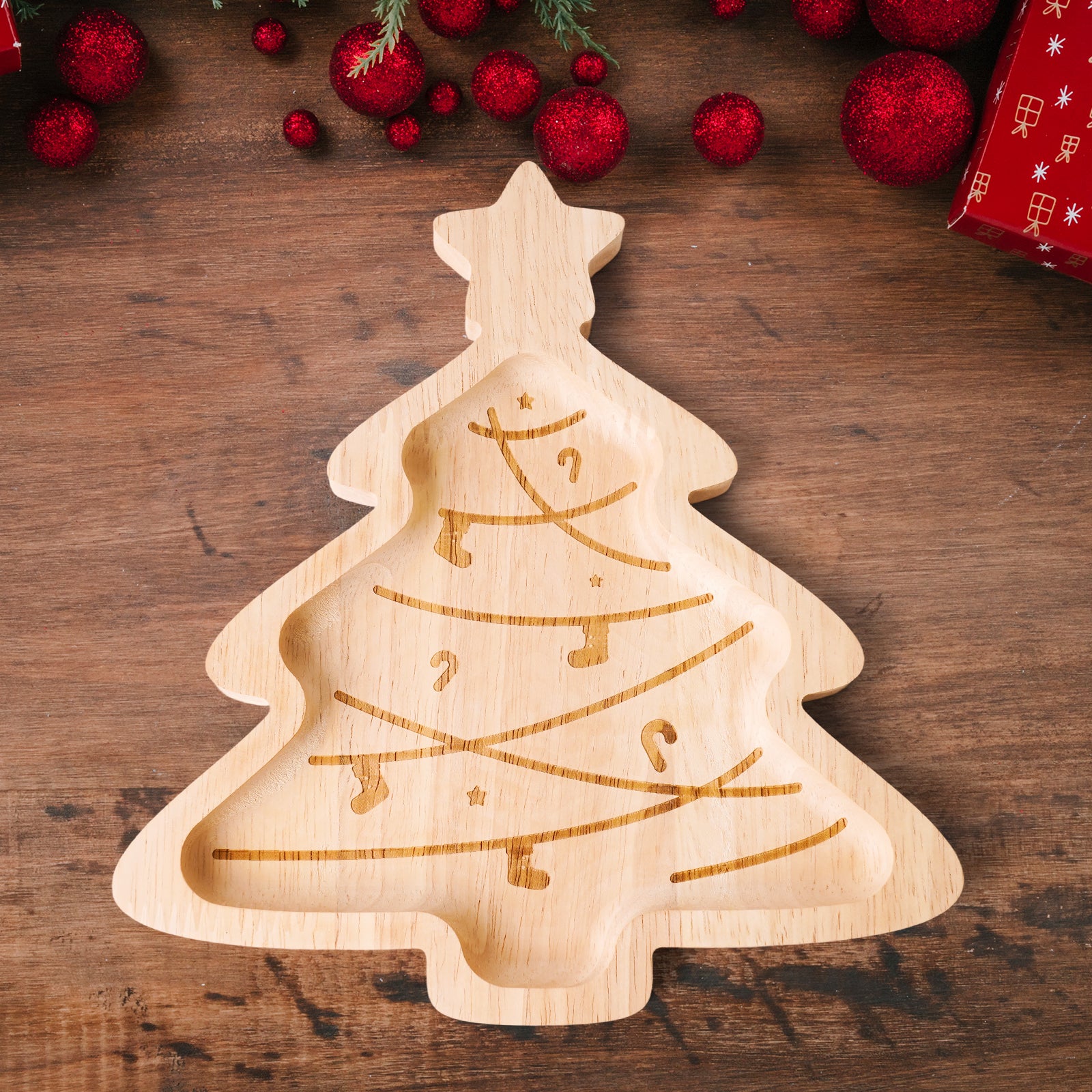 Festive Christmas Wooden Tray Set - Holiday Serving Platters & Decor