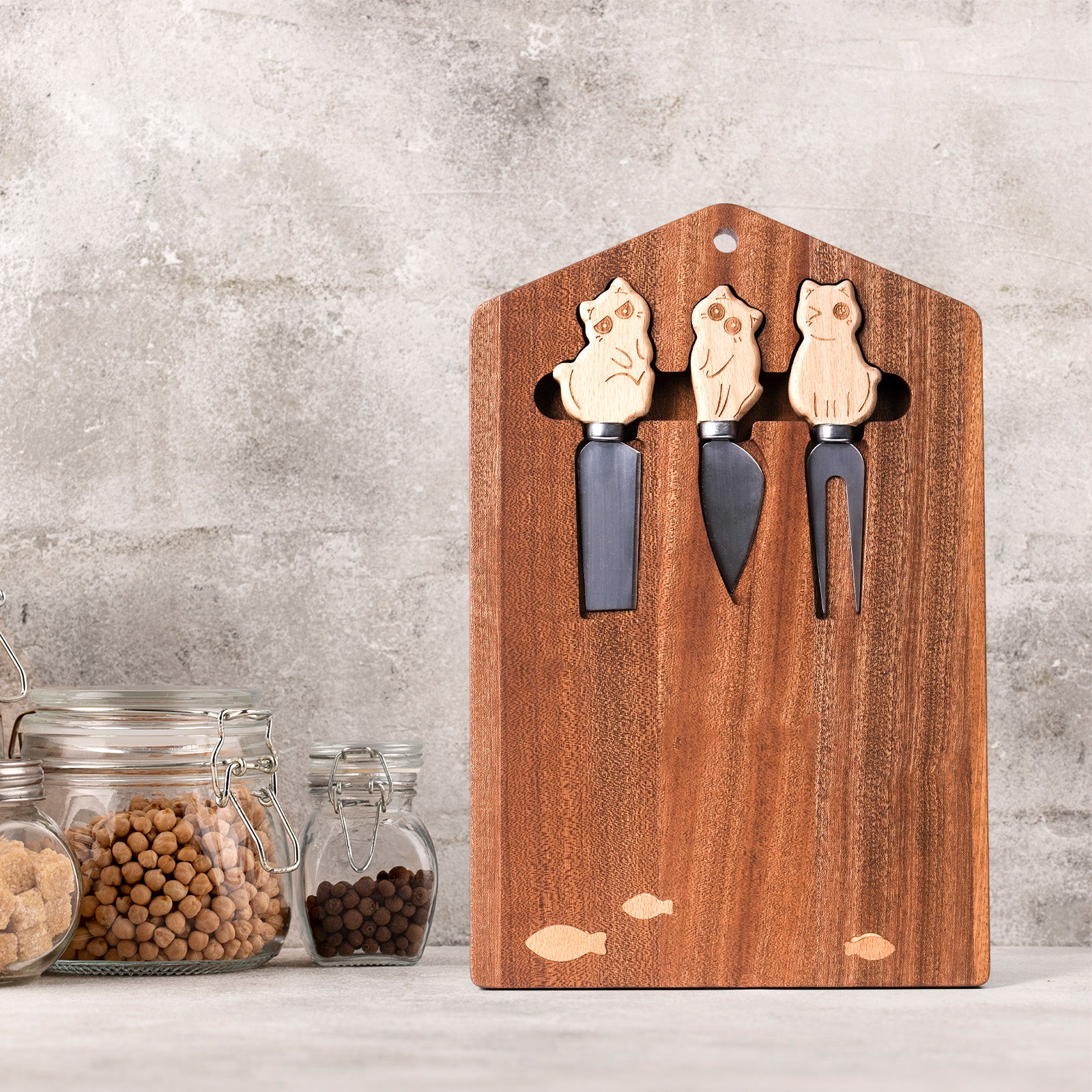 Wooden Cat-Themed Cheese Knife Set – Adorable Cat Design on Cutting Board – Perfect Gift for Cat Lovers