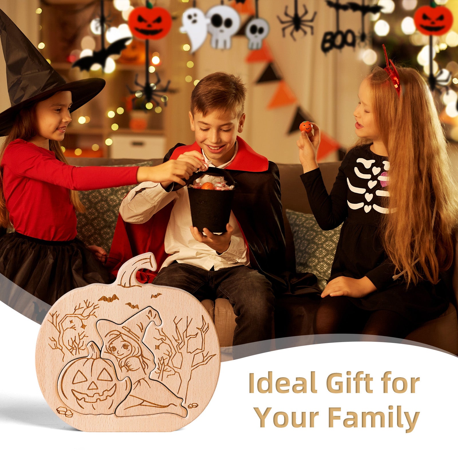 Wooden Halloween Pumpkin Puzzle – Witch & Jack-O'-Lantern Decorative Ornament for Kids & Adults, Fall Home Décor, Unique Gift Idea