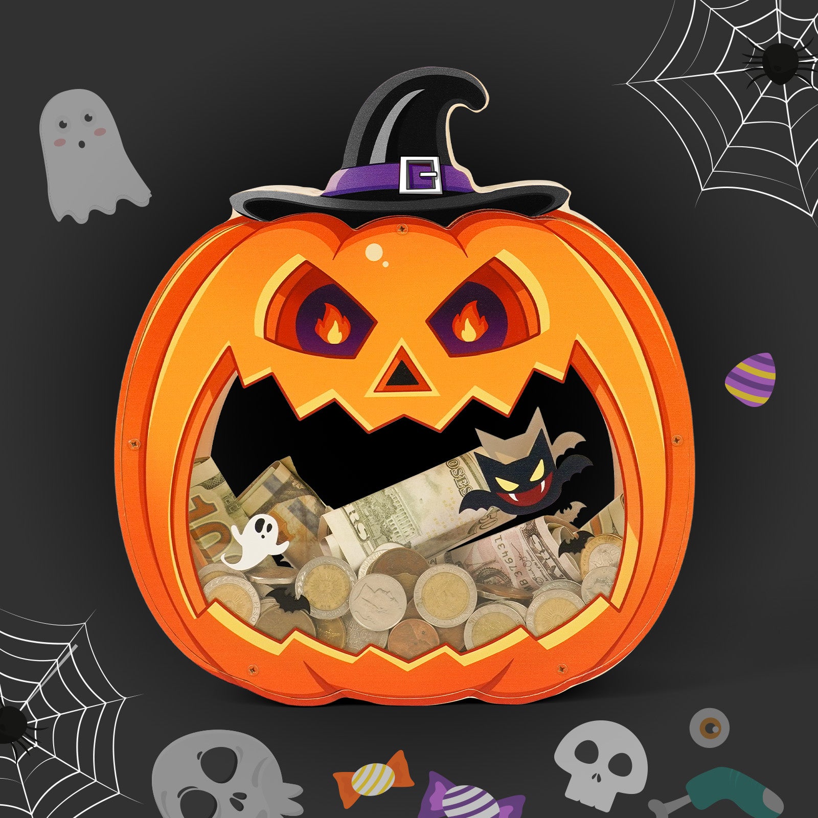 Halloween Pumpkin Transparent Coin Bank – Cute Jack-o'-Lantern Money Saver for Kids & Holiday Decor