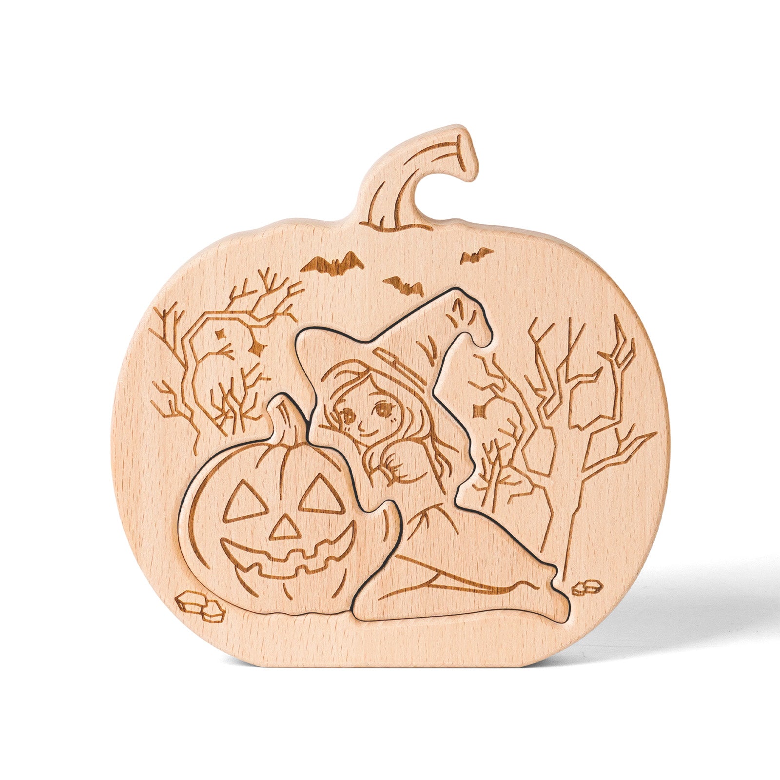 Wooden Halloween Pumpkin Puzzle – Witch & Jack-O'-Lantern Decorative Ornament for Kids & Adults, Fall Home Décor, Unique Gift Idea