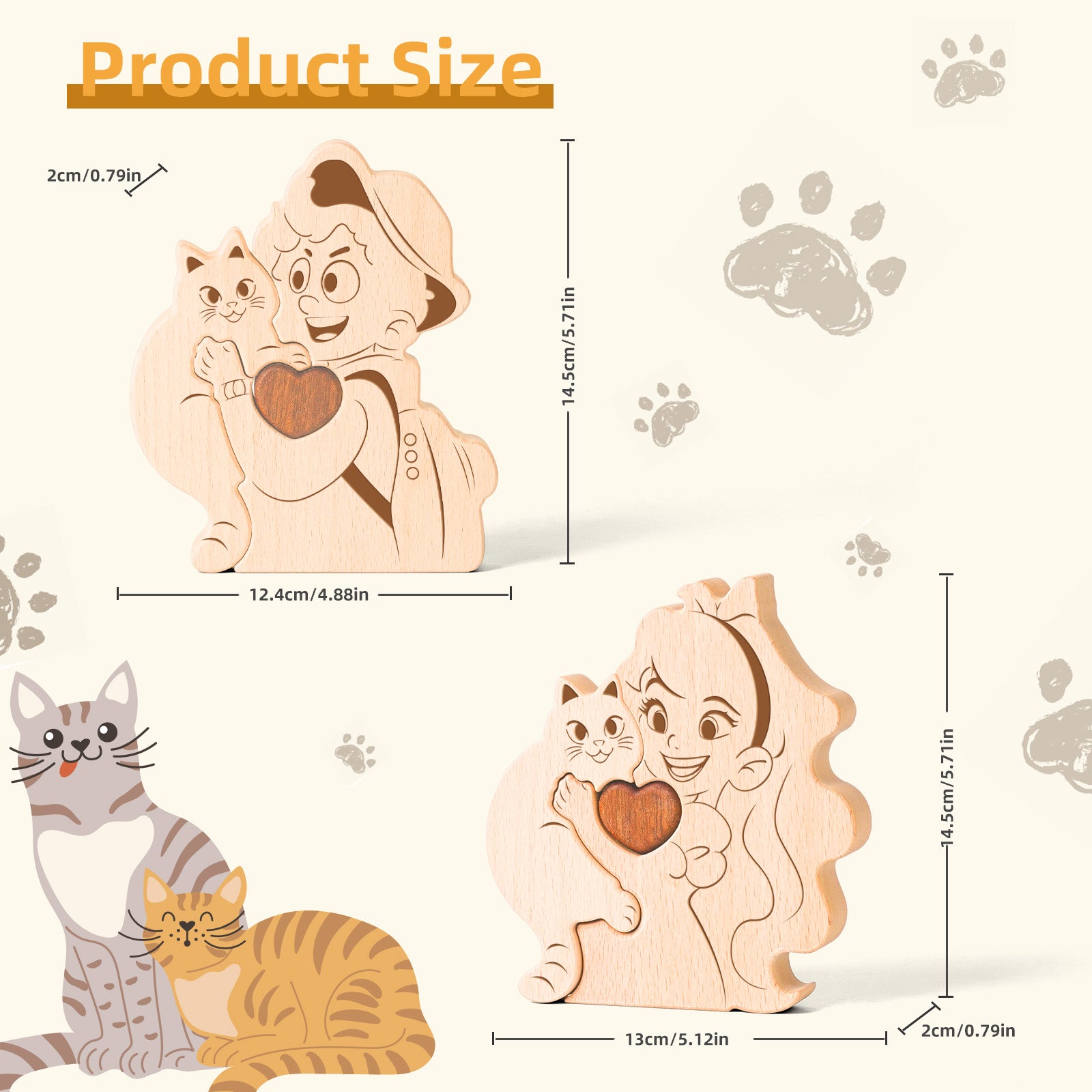 Wooden puzzle of boys/girls and cats, home craft decoration, warm gift