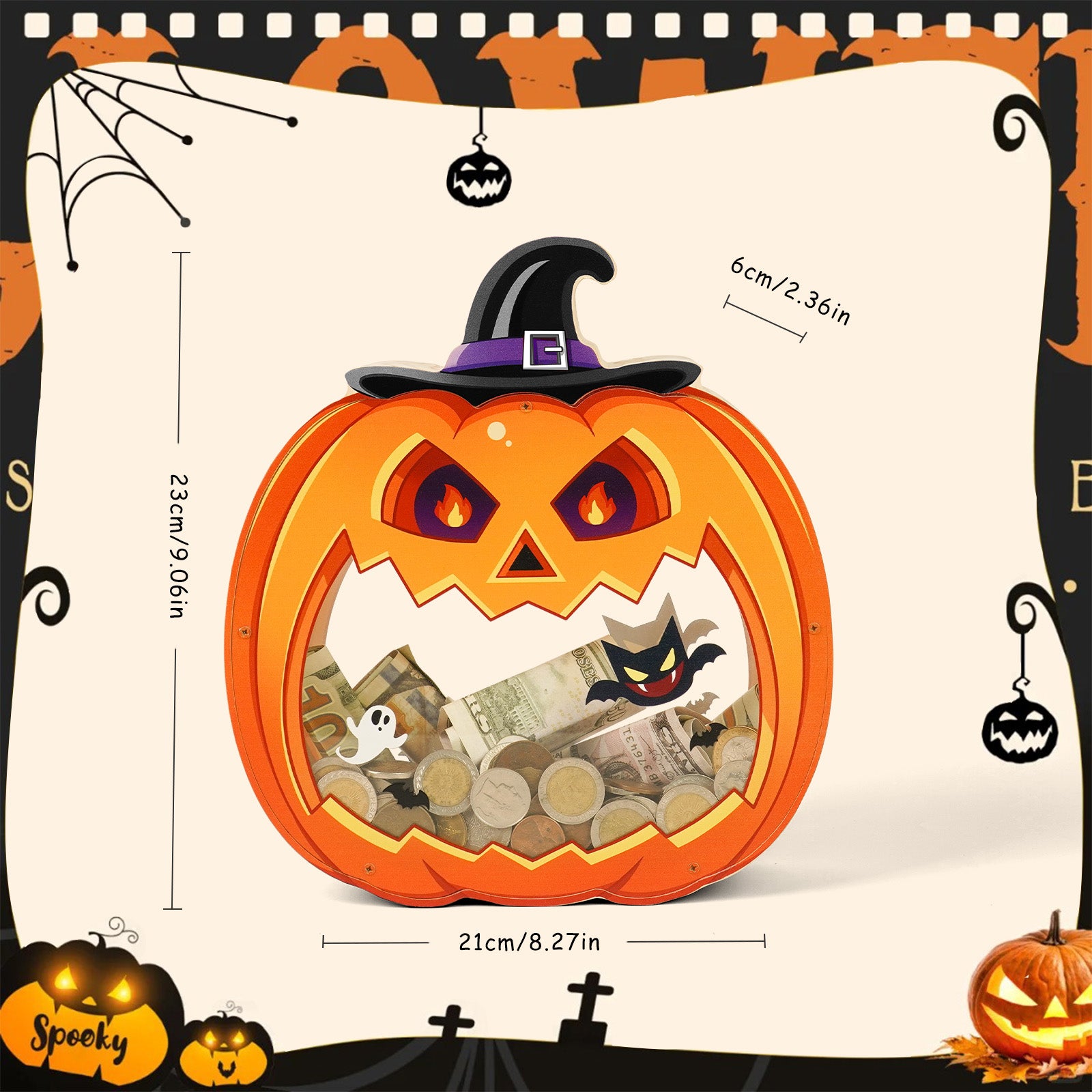Halloween Pumpkin Transparent Coin Bank – Cute Jack-o'-Lantern Money Saver for Kids & Holiday Decor