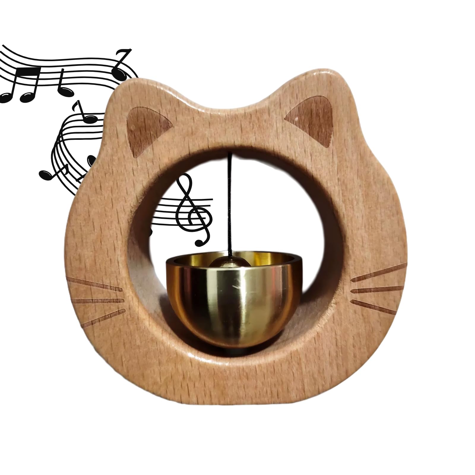 Cat-Shaped Wooden Chime Doorbell with Brass Bell