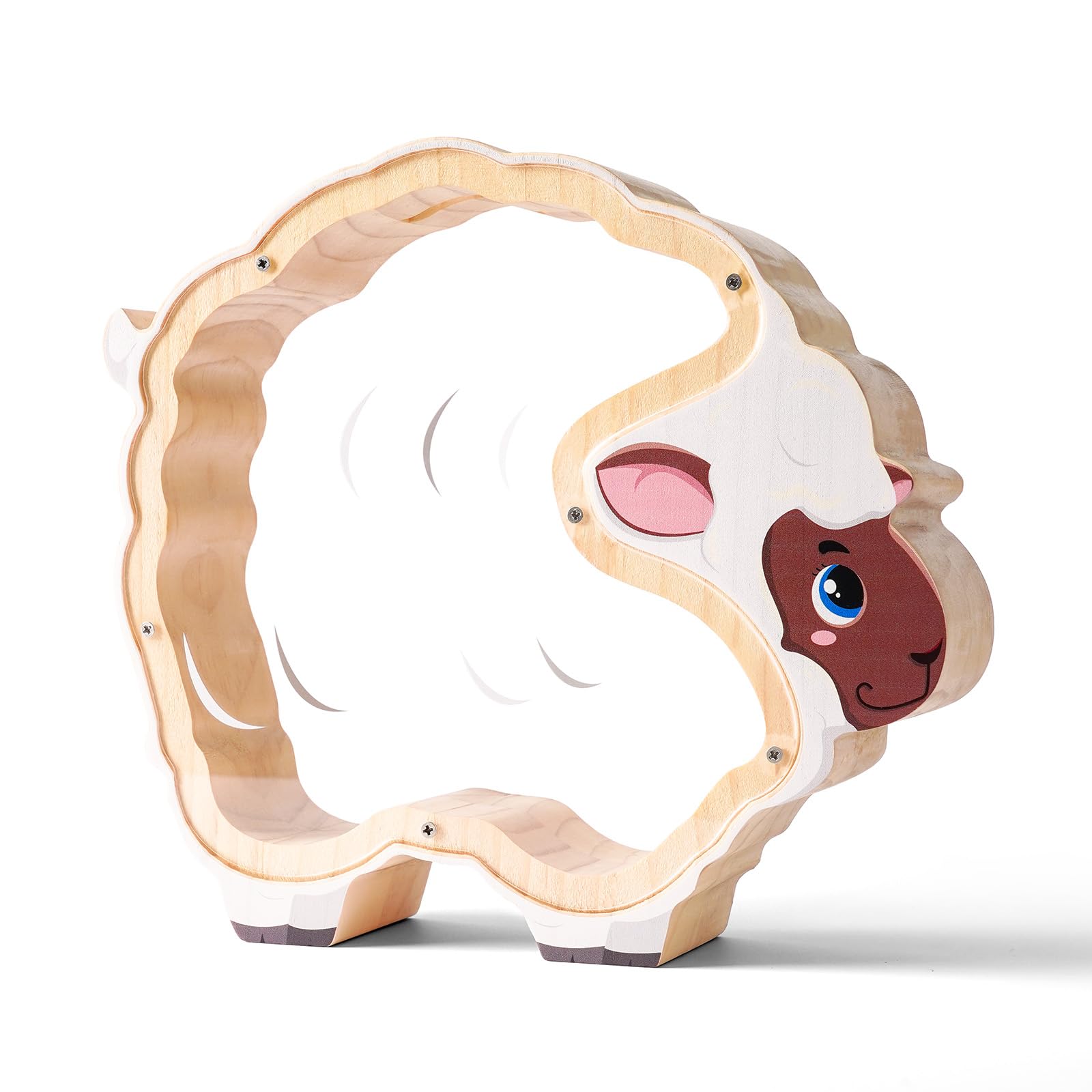 Double-Sided Clear Sheep Wooden Coin Bank – Cute & Educational Gift for Kids and Families