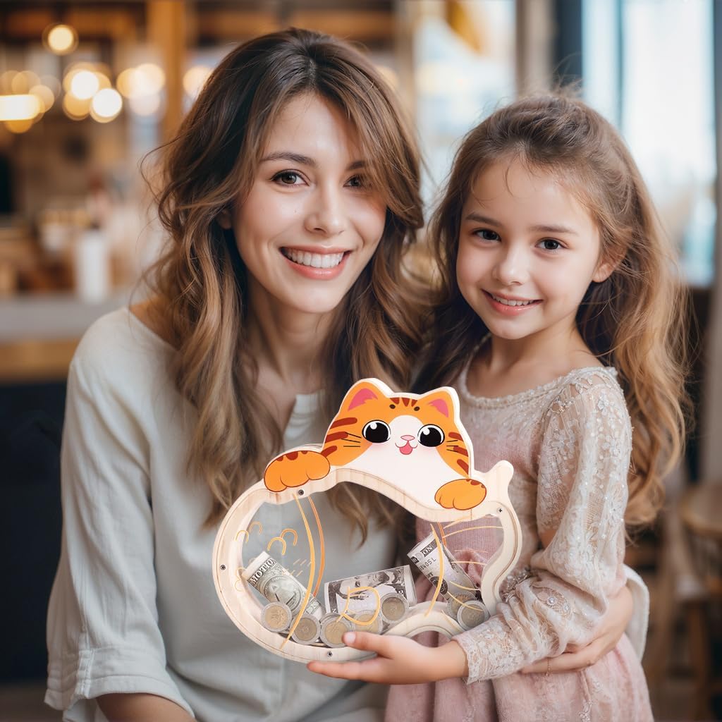 Cat Piggy Bank - Adorable Dual-View Money Box with Personalization Stickers