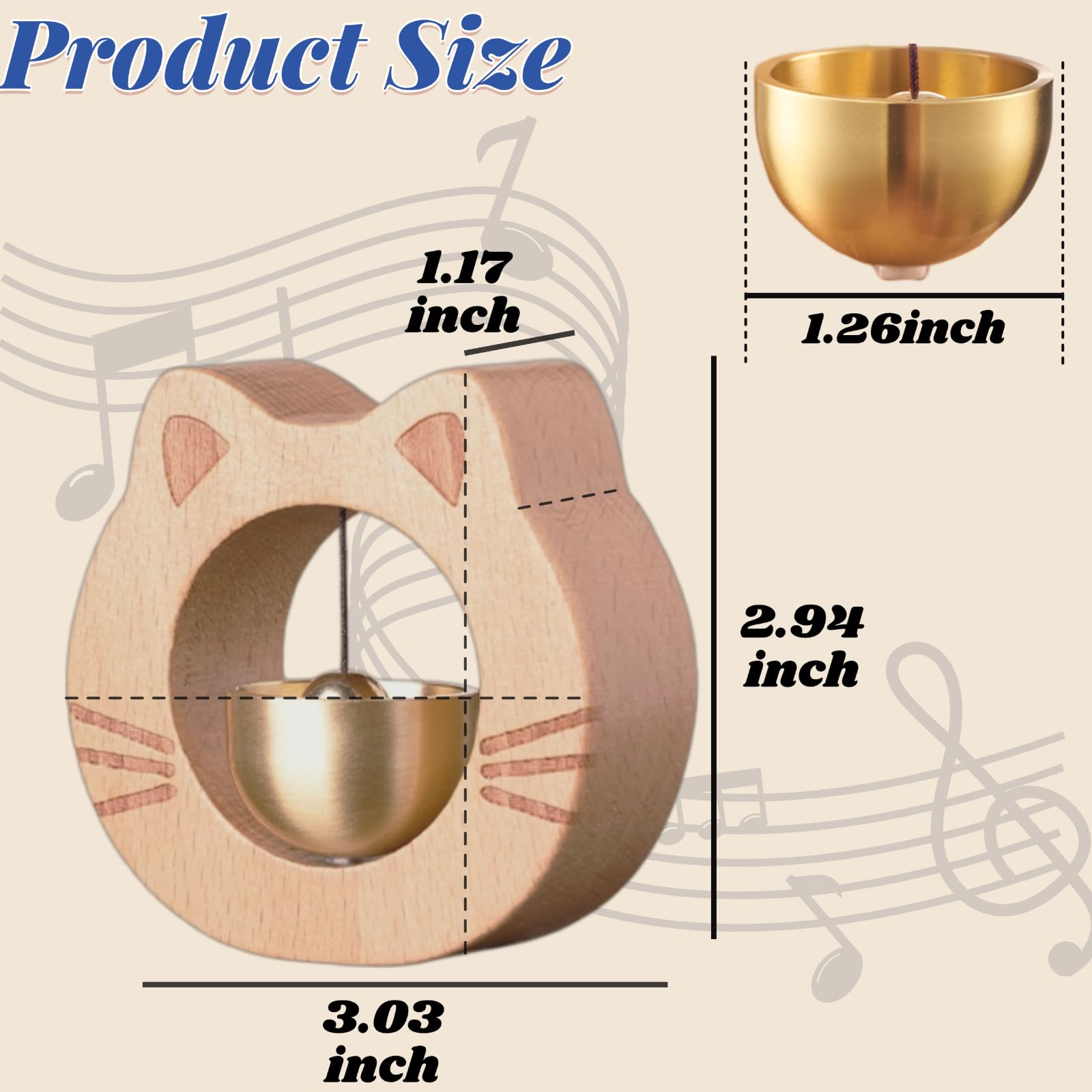 Cat-Shaped Wooden Chime Doorbell with Brass Bell