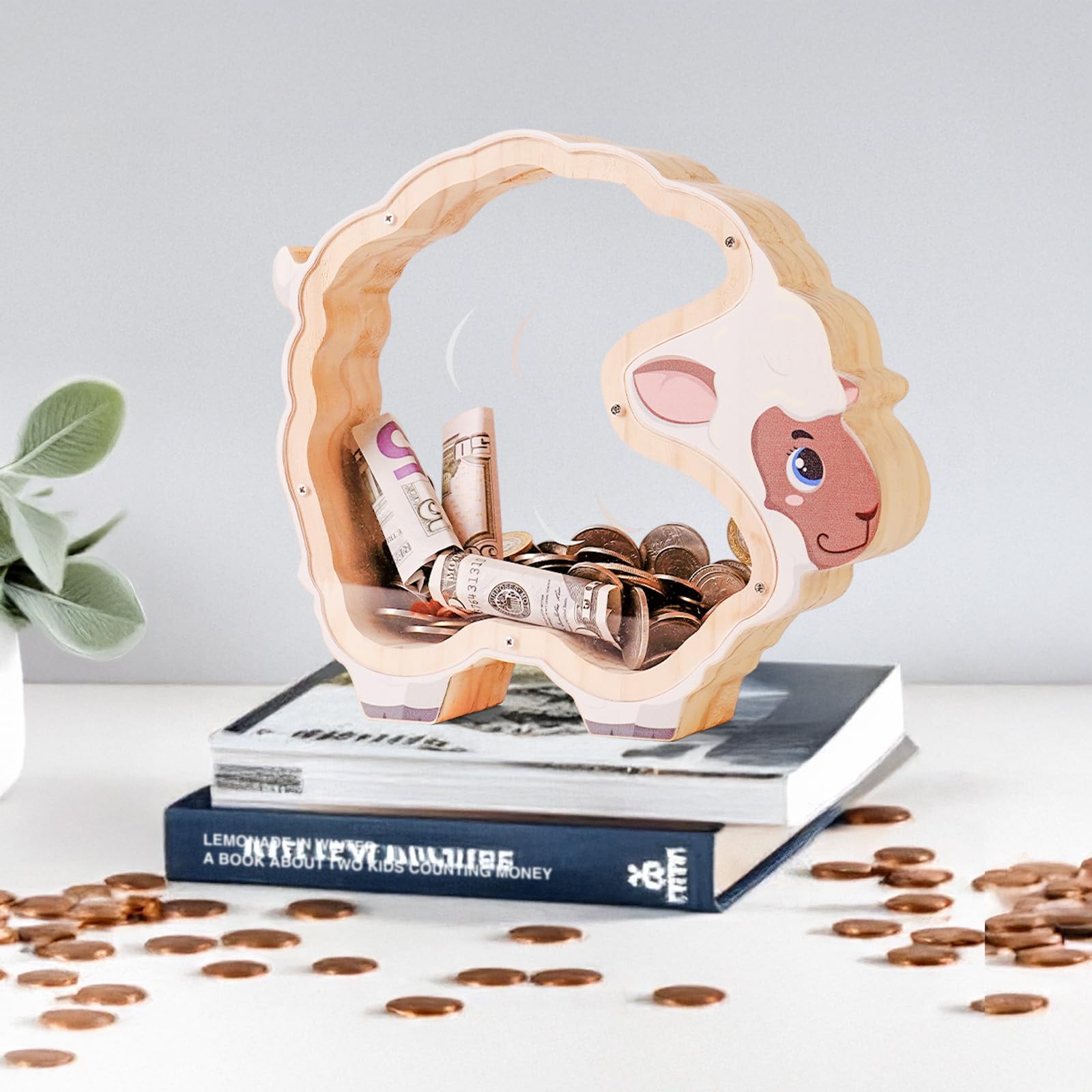 Double-Sided Clear Sheep Wooden Coin Bank – Cute & Educational Gift for Kids and Families