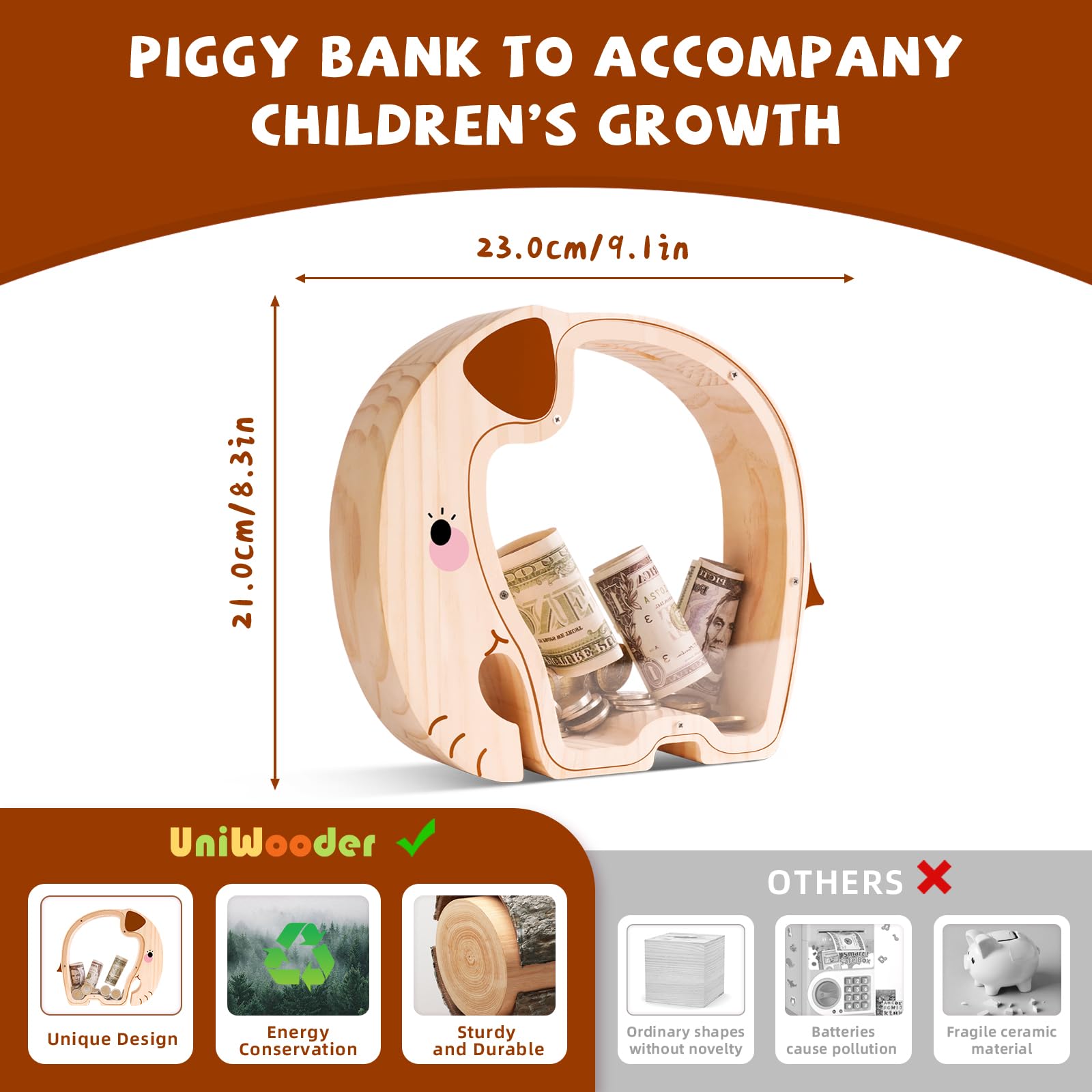 Wooden Elephant Piggy Bank - Adorable Dual-View Coin Keeper with Personalization Stickers