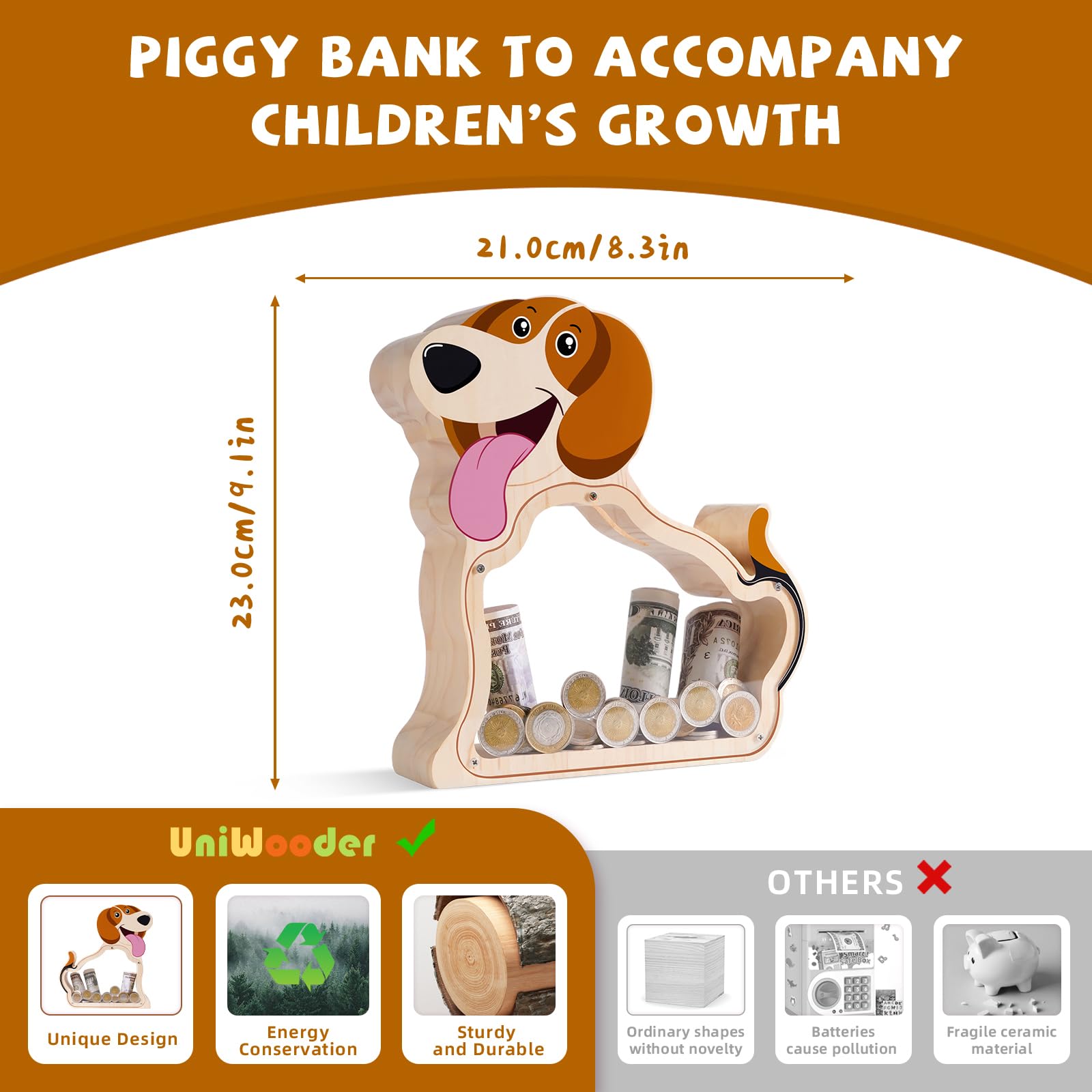 Wooden Beagle Piggy Bank - Adorable & Durable Money Box for Kids