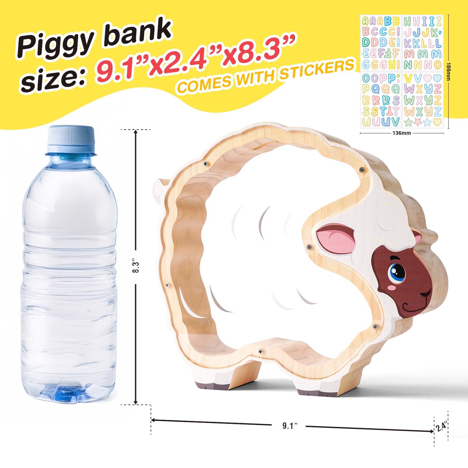 Double-Sided Clear Sheep Wooden Coin Bank – Cute & Educational Gift for Kids and Families