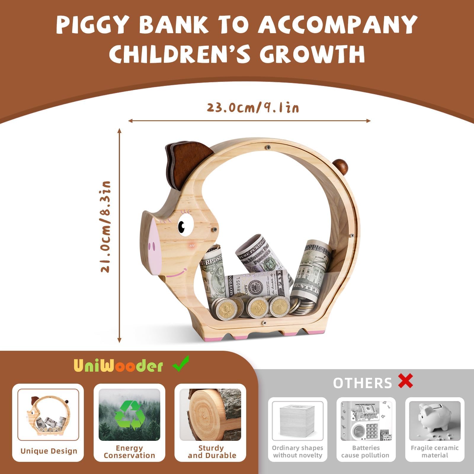 Wooden Piggy Bank - Adorable & Durable Money Box for Kids