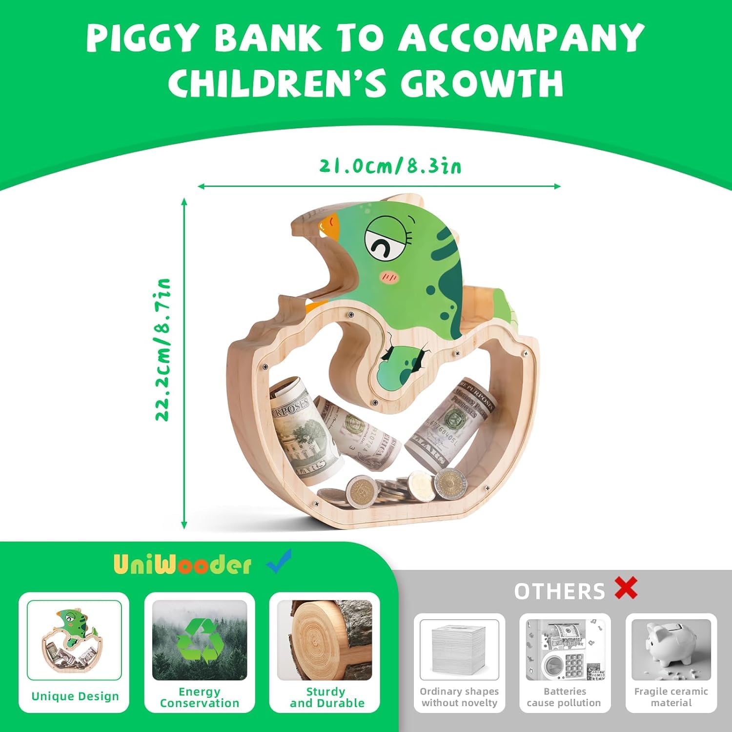 Baby Dinosaur Wooden Piggy Bank - Prehistoric Savings Fun for Kids