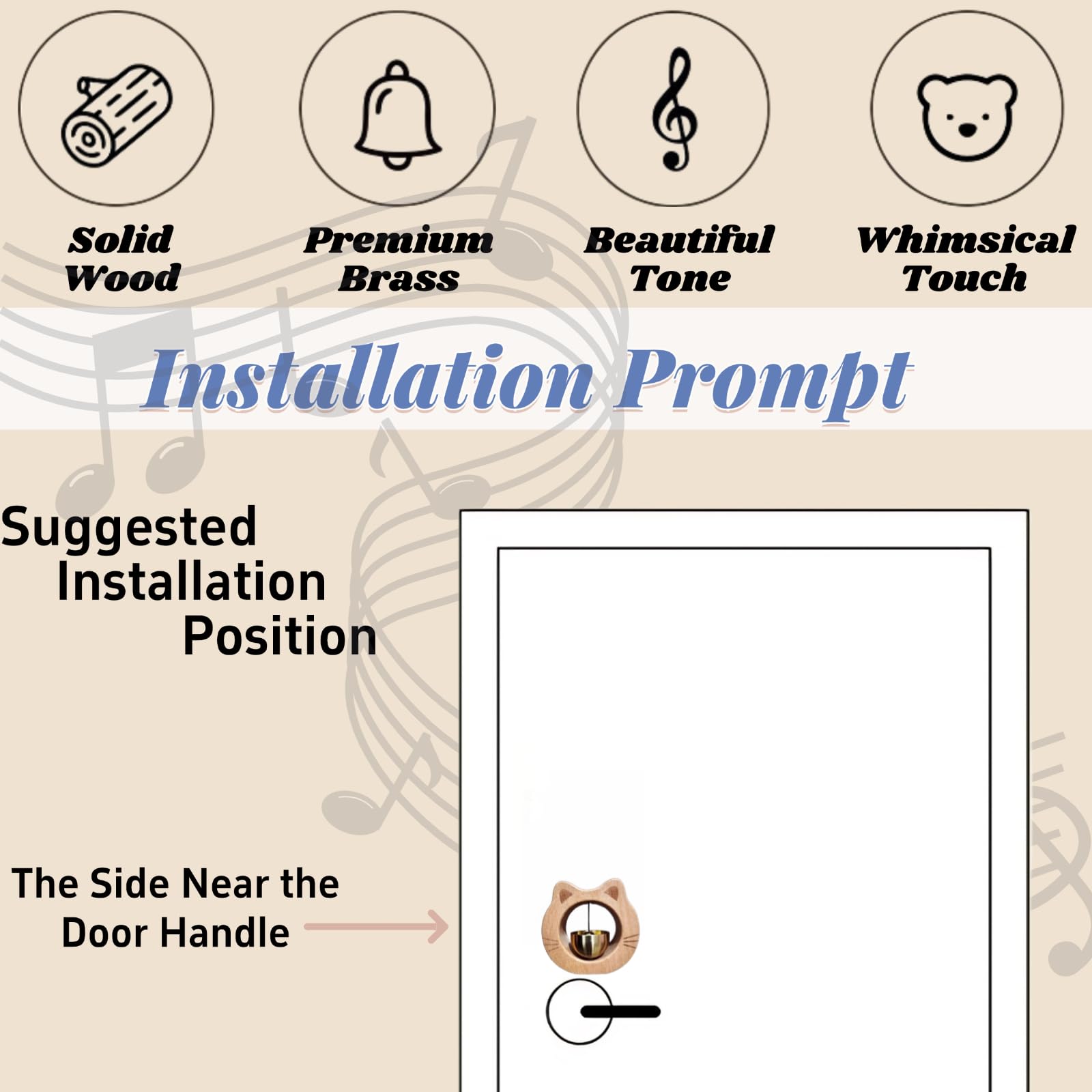 Cat-Shaped Wooden Chime Doorbell with Brass Bell