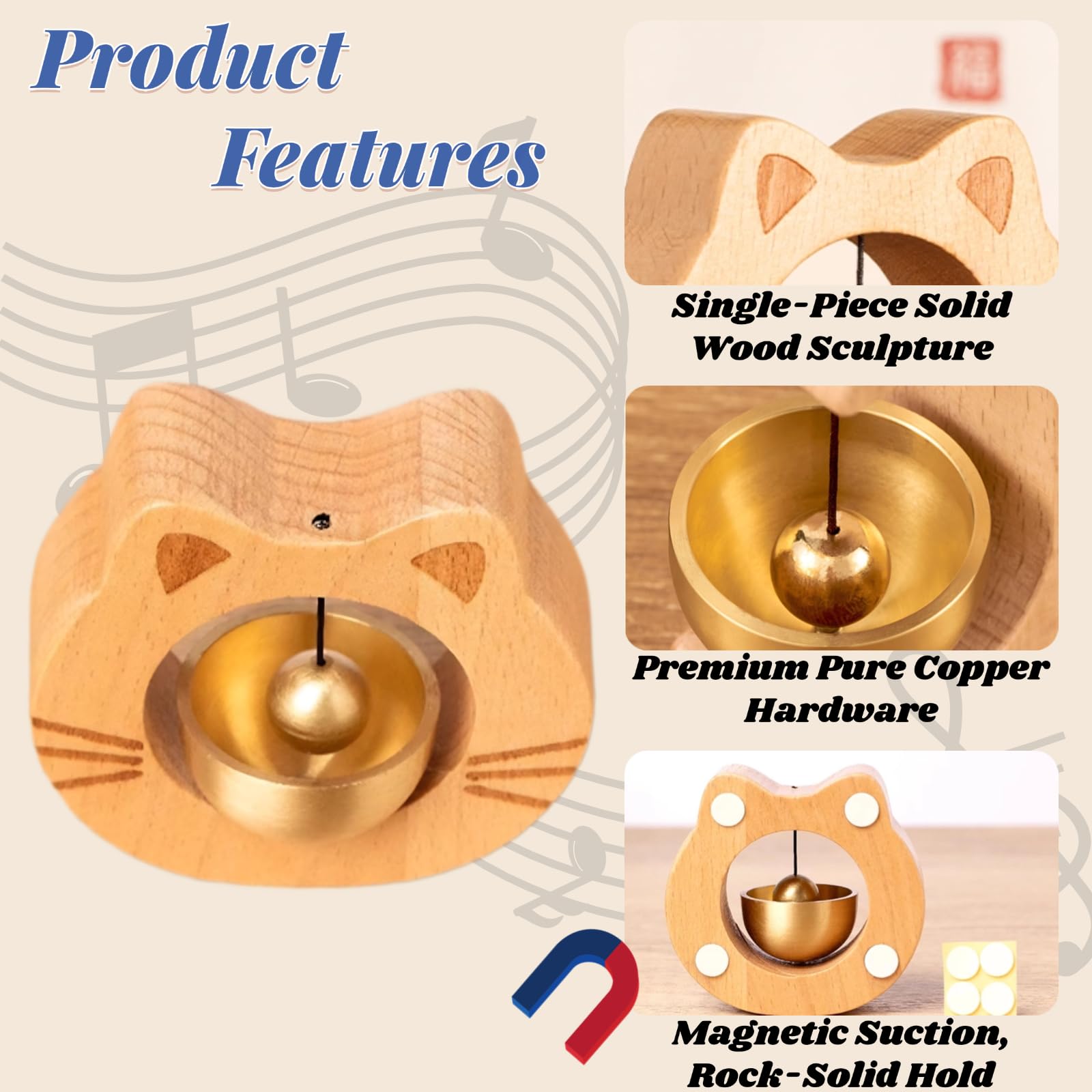 Cat-Shaped Wooden Chime Doorbell with Brass Bell