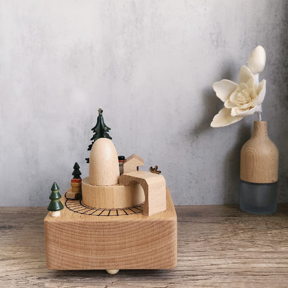 Wooden Christmas Music Box - Enchanting Rotating Train & Holiday Decor