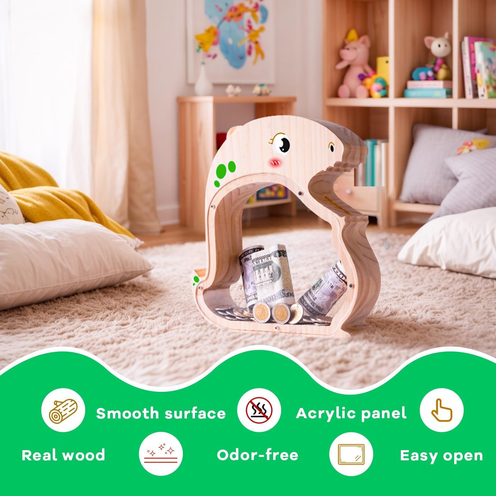 Wooden Dinosaur Piggy Bank - Prehistoric Savings Fun for Kids