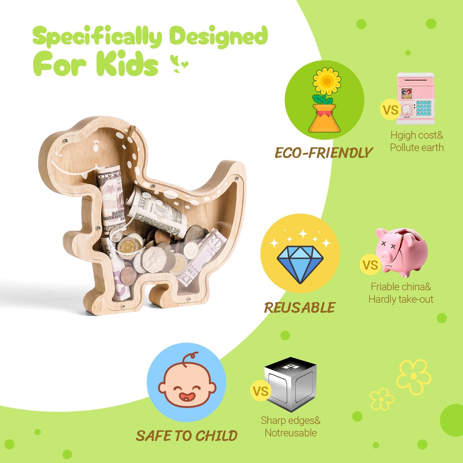 Wooden T-Rex Piggy Bank - Prehistoric Savings Fun for Dino Lovers