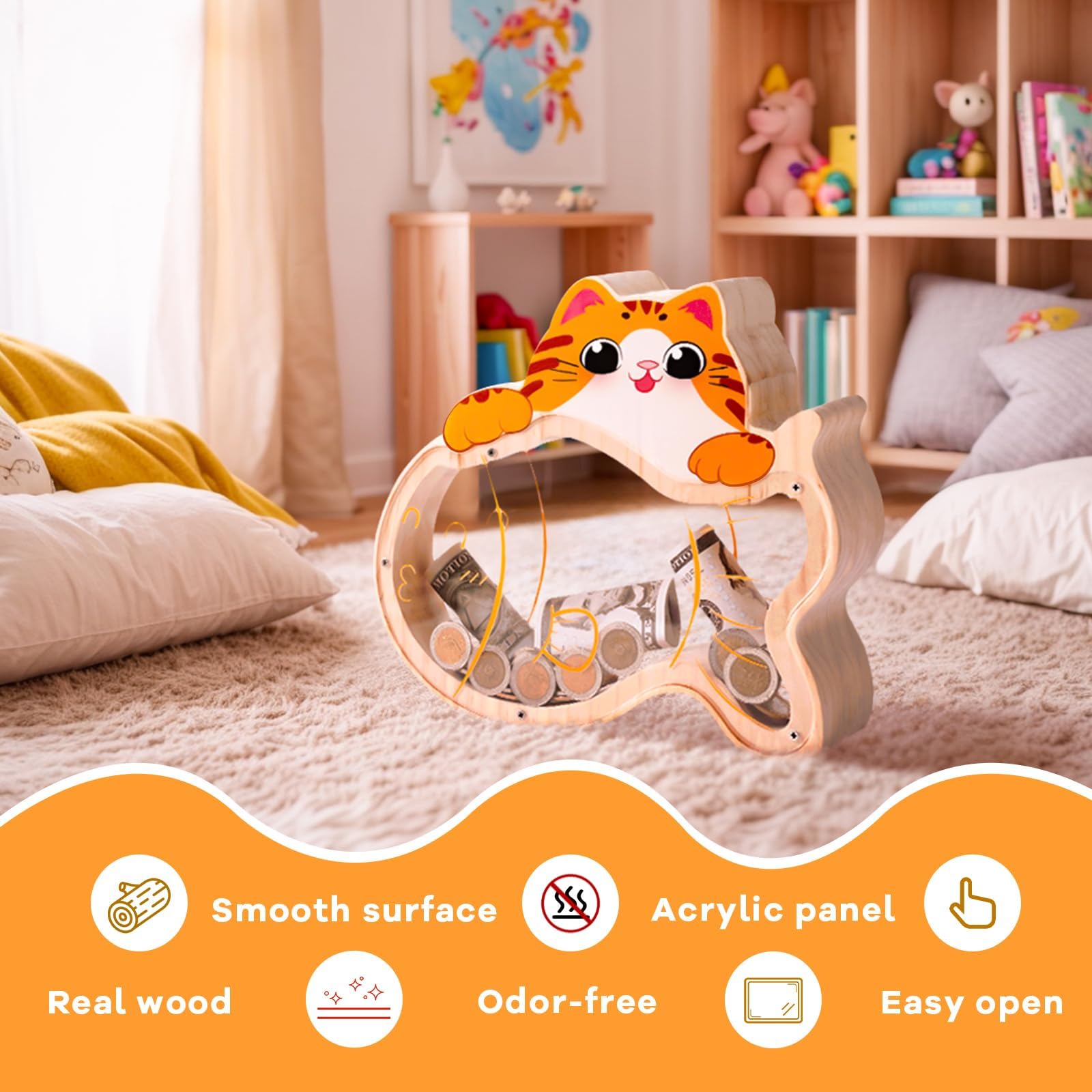 Cat Piggy Bank - Adorable Dual-View Money Box with Personalization Stickers