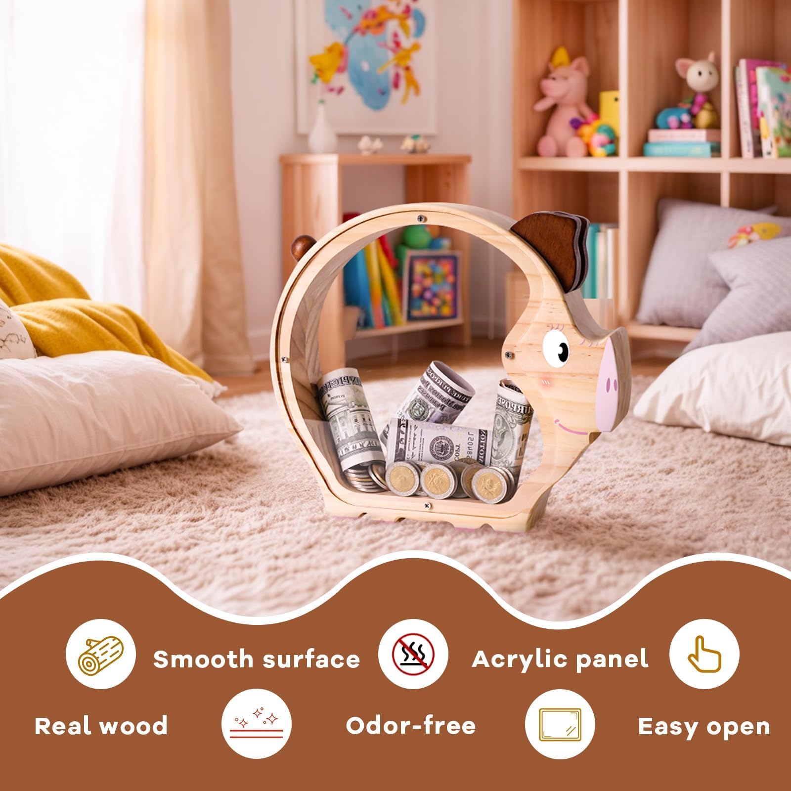 Wooden Piggy Bank - Adorable & Durable Money Box for Kids