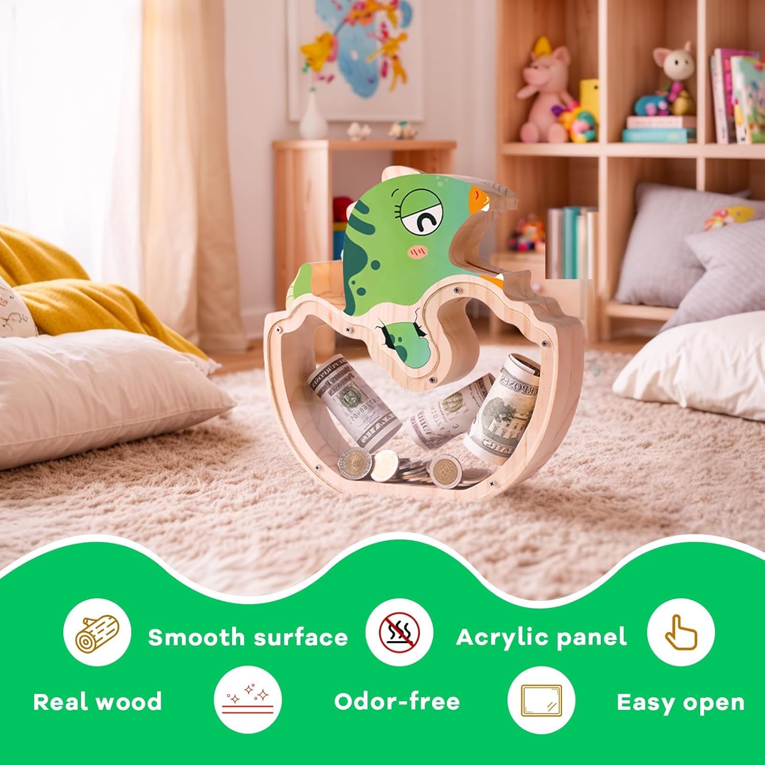 Baby Dinosaur Wooden Piggy Bank - Prehistoric Savings Fun for Kids