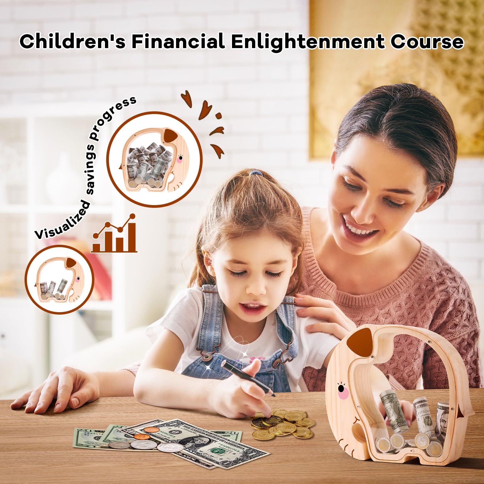 Wooden Elephant Piggy Bank - Adorable Dual-View Coin Keeper with Personalization Stickers